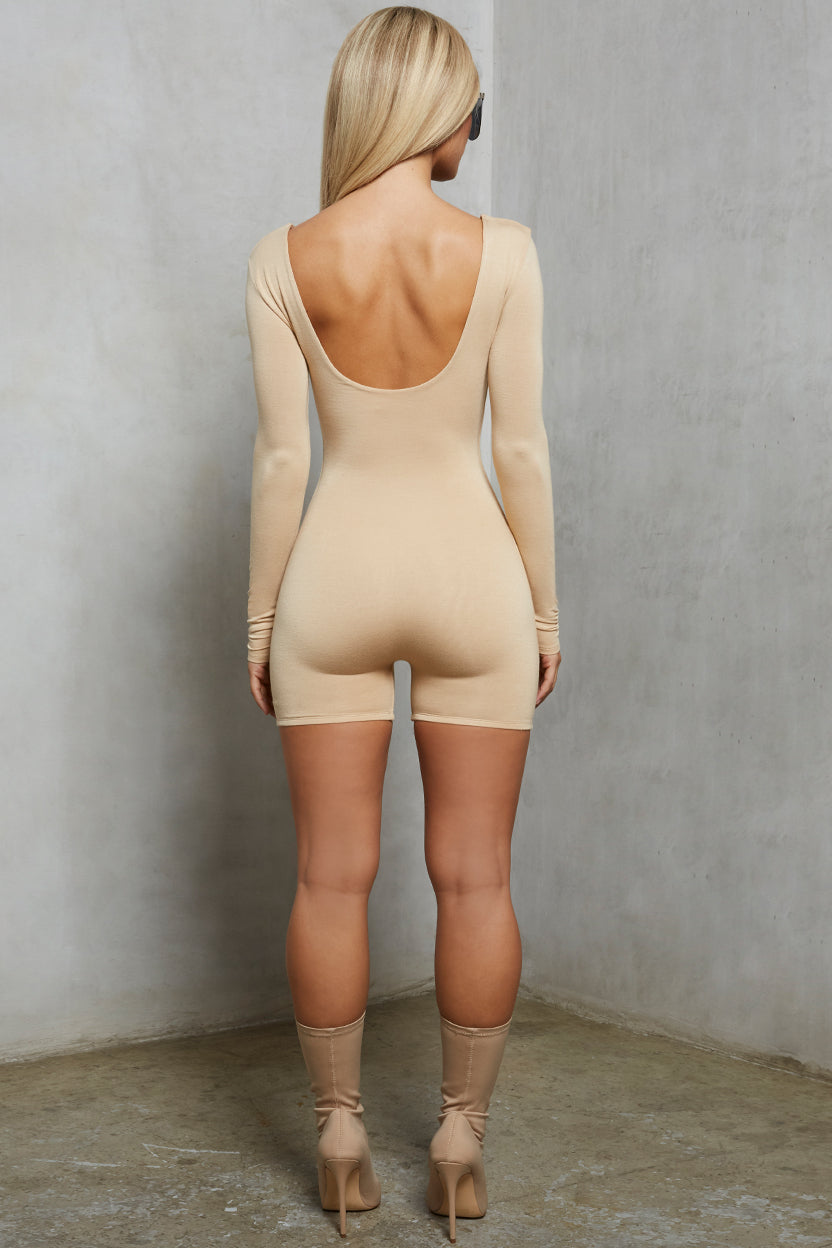 Get The Scoop Long Sleeved Scoop Neck Playsuit in Beige