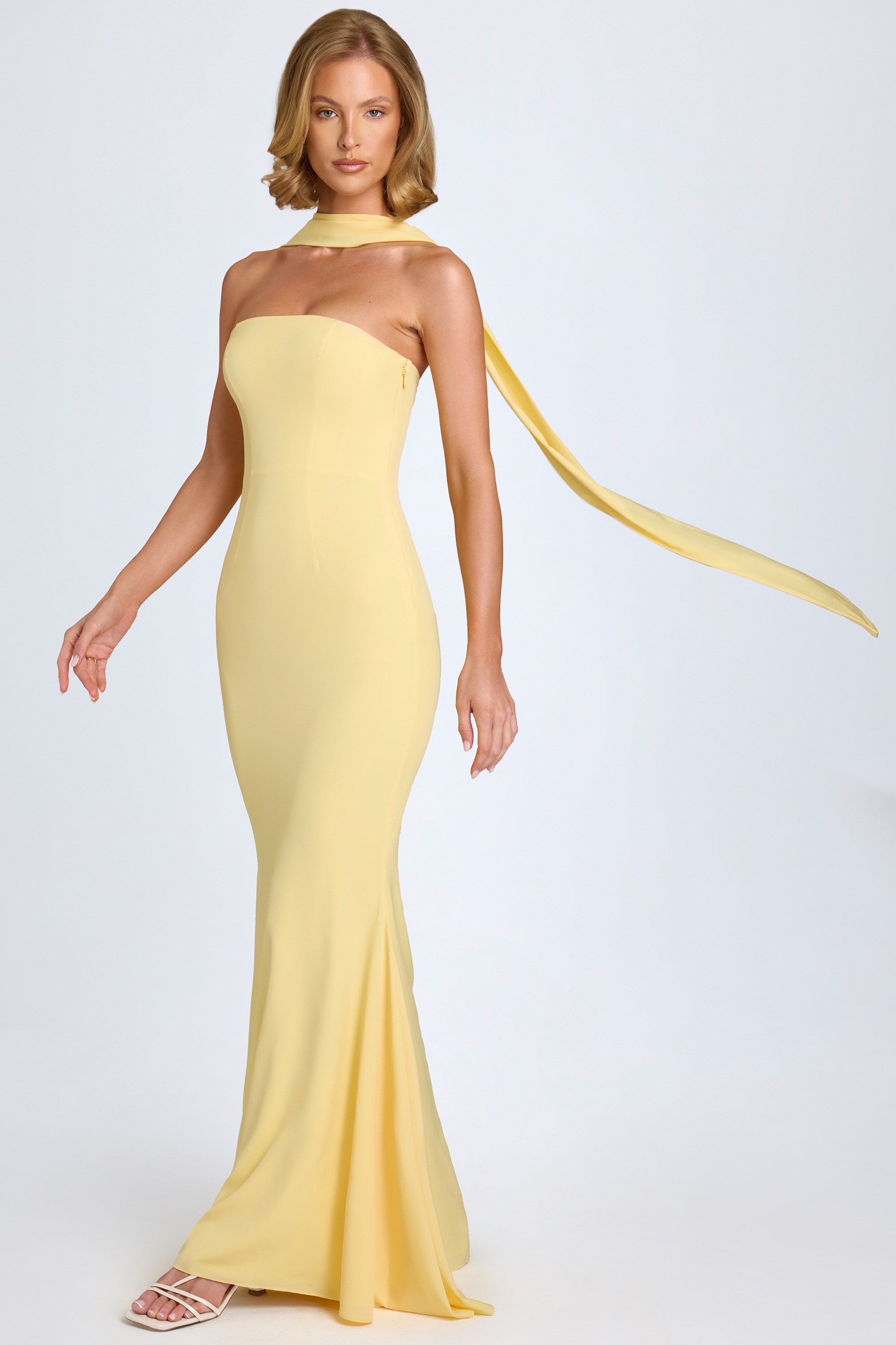 Scarf-Detail Strapless Gown in Pastel Yellow