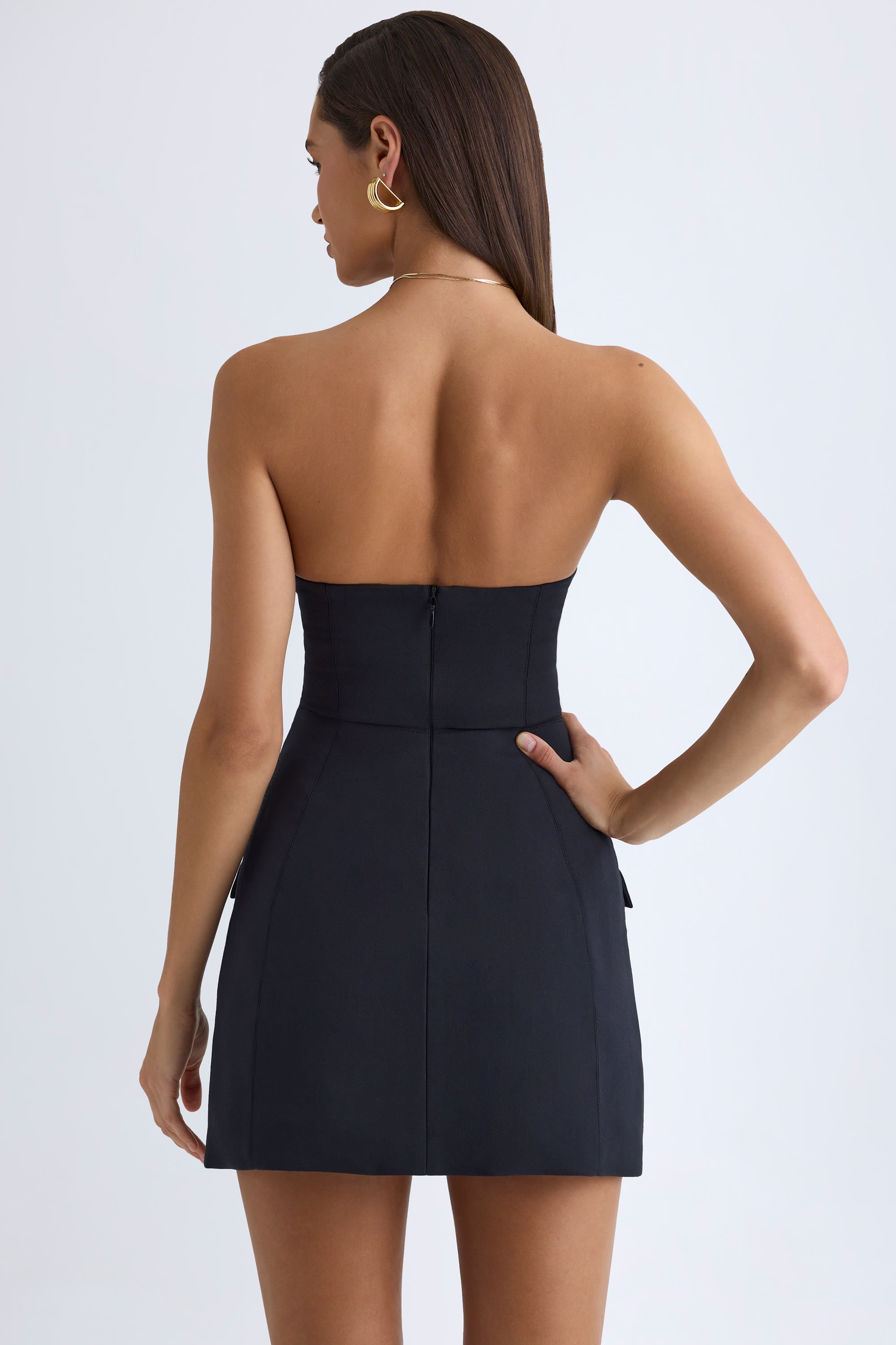 Strapless Structured Tulip Mini Dress in Black