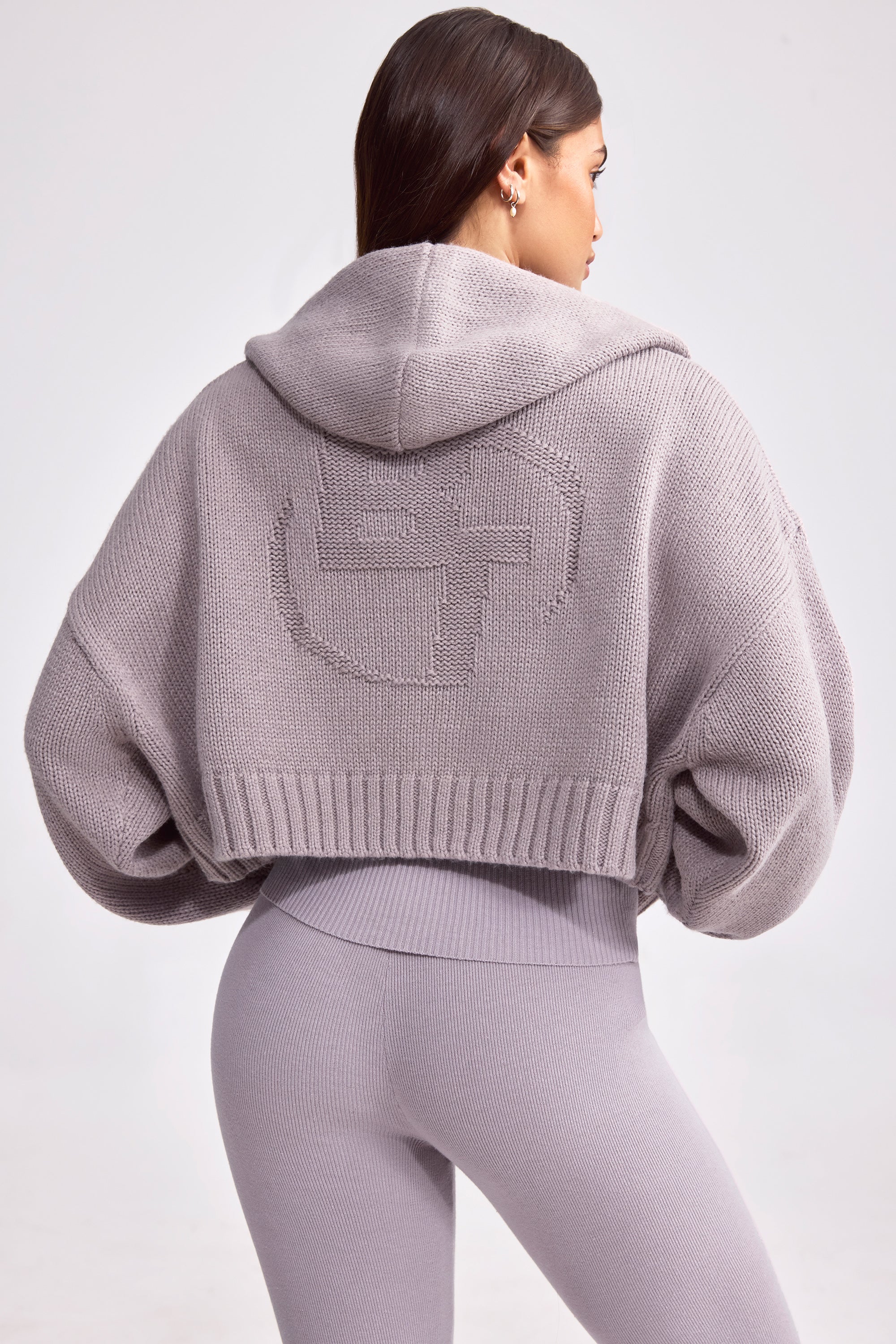 Cropped Zip-Up Chunky Knit Hoodie in Dusty Lavender