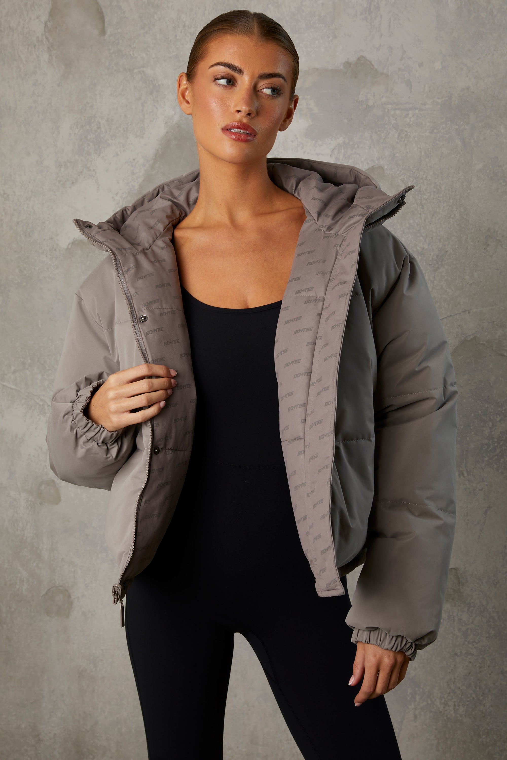 Reversible Hooded Puffer Jacket in Warm Grey