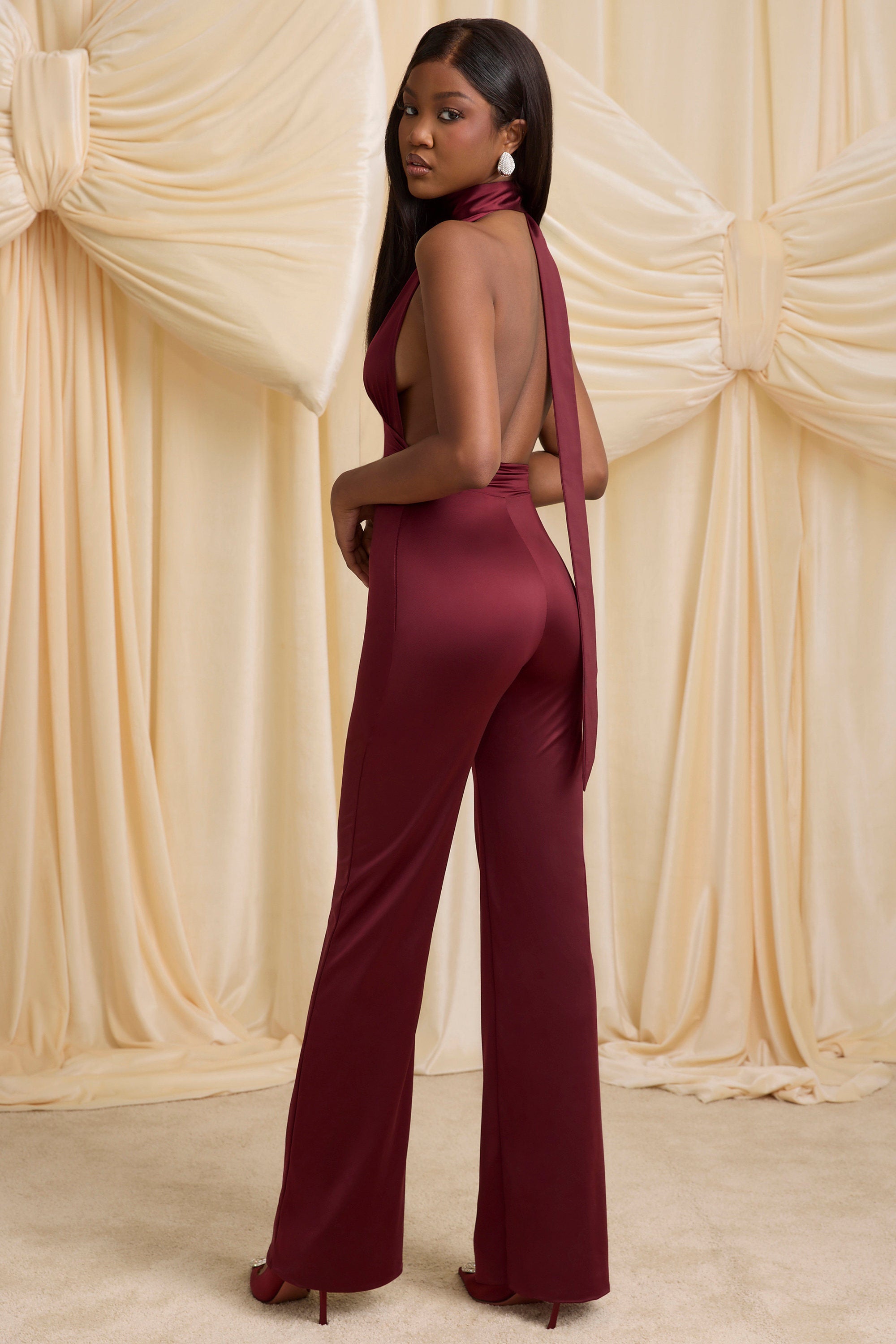 Petite Scarf-Detail Halterneck Jumpsuit in Wine Red