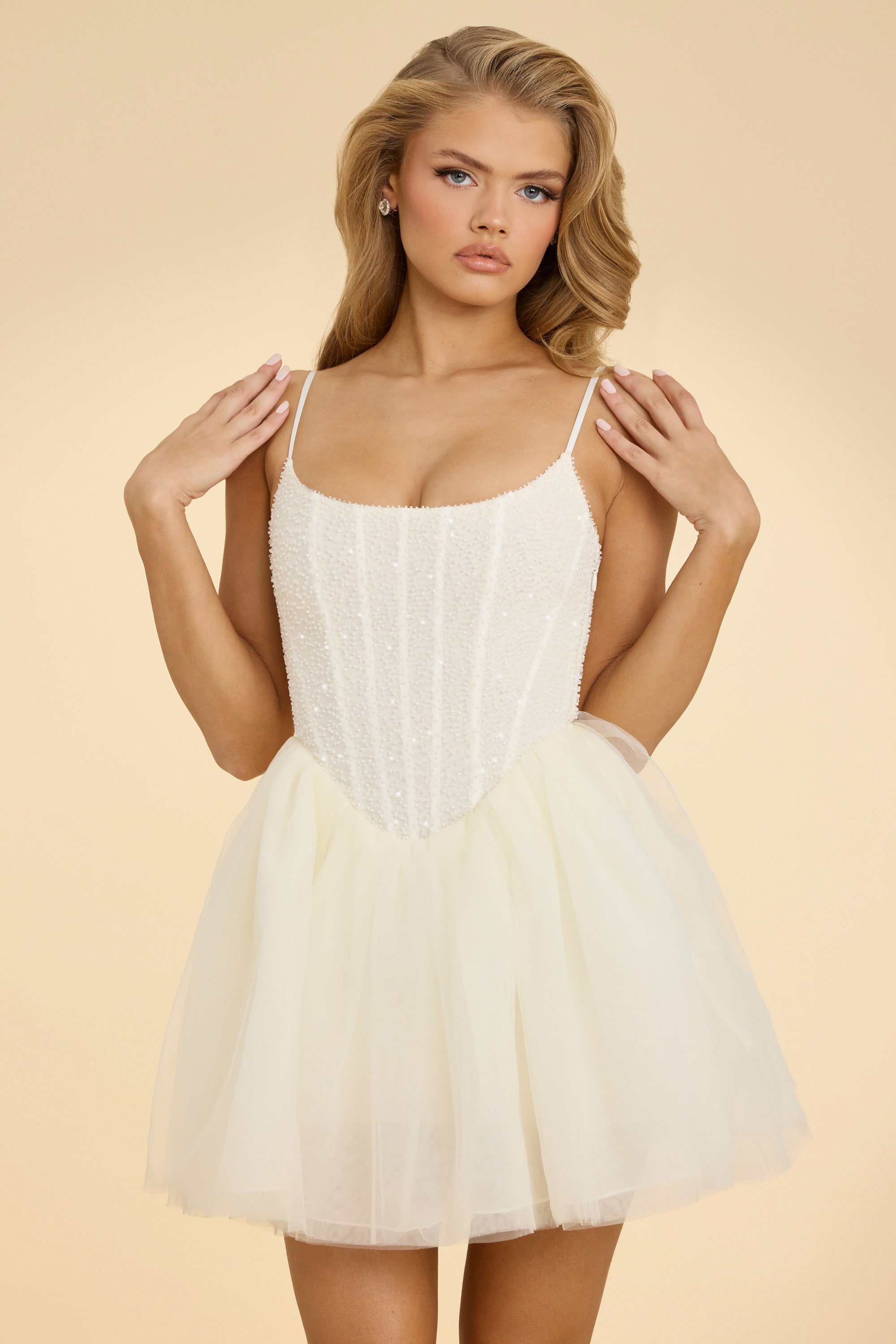 Embellished Corset Tulle Skirt Mini Dress in White