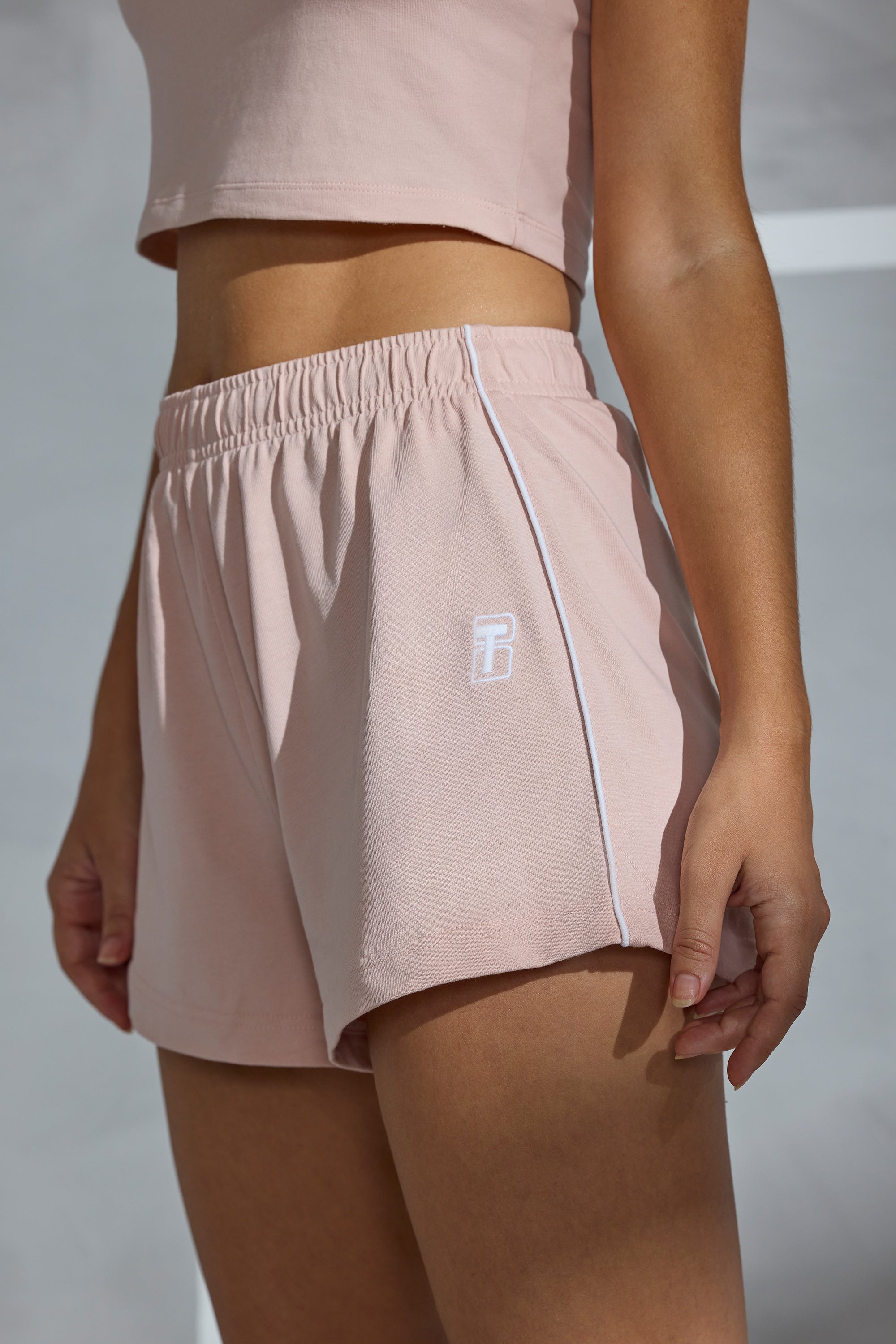 Piped Detail Mini Sweat Shorts in Soft Peach