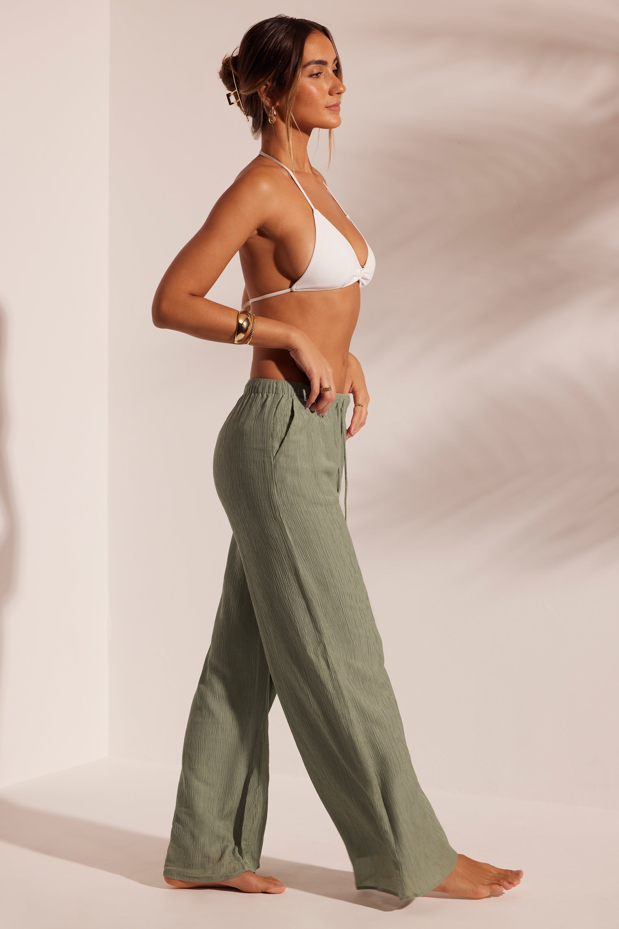 Crinkle Textured Beach Trousers in Light Green