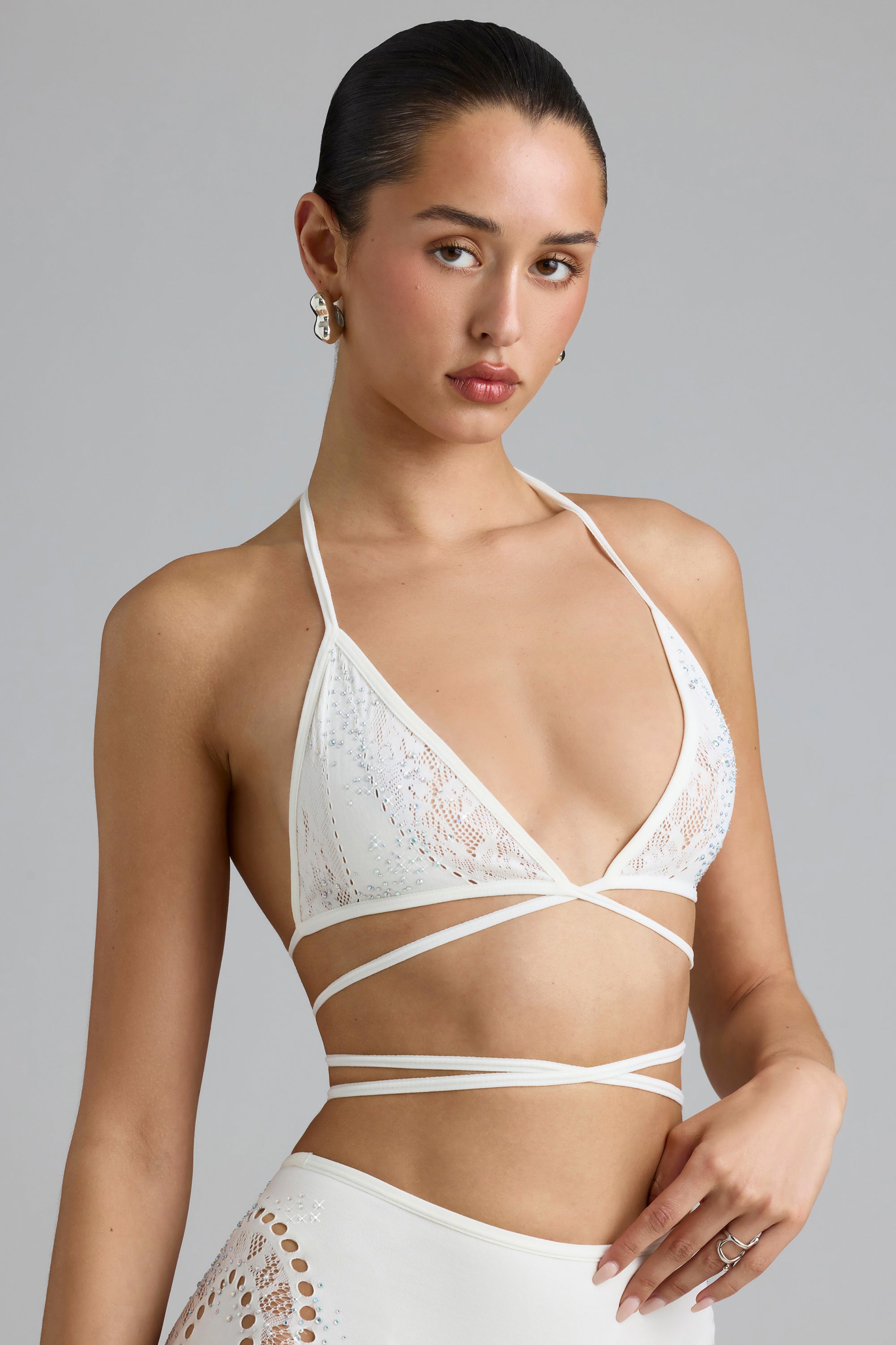 Embellished Cross-Strap Bikini Top in Ivory