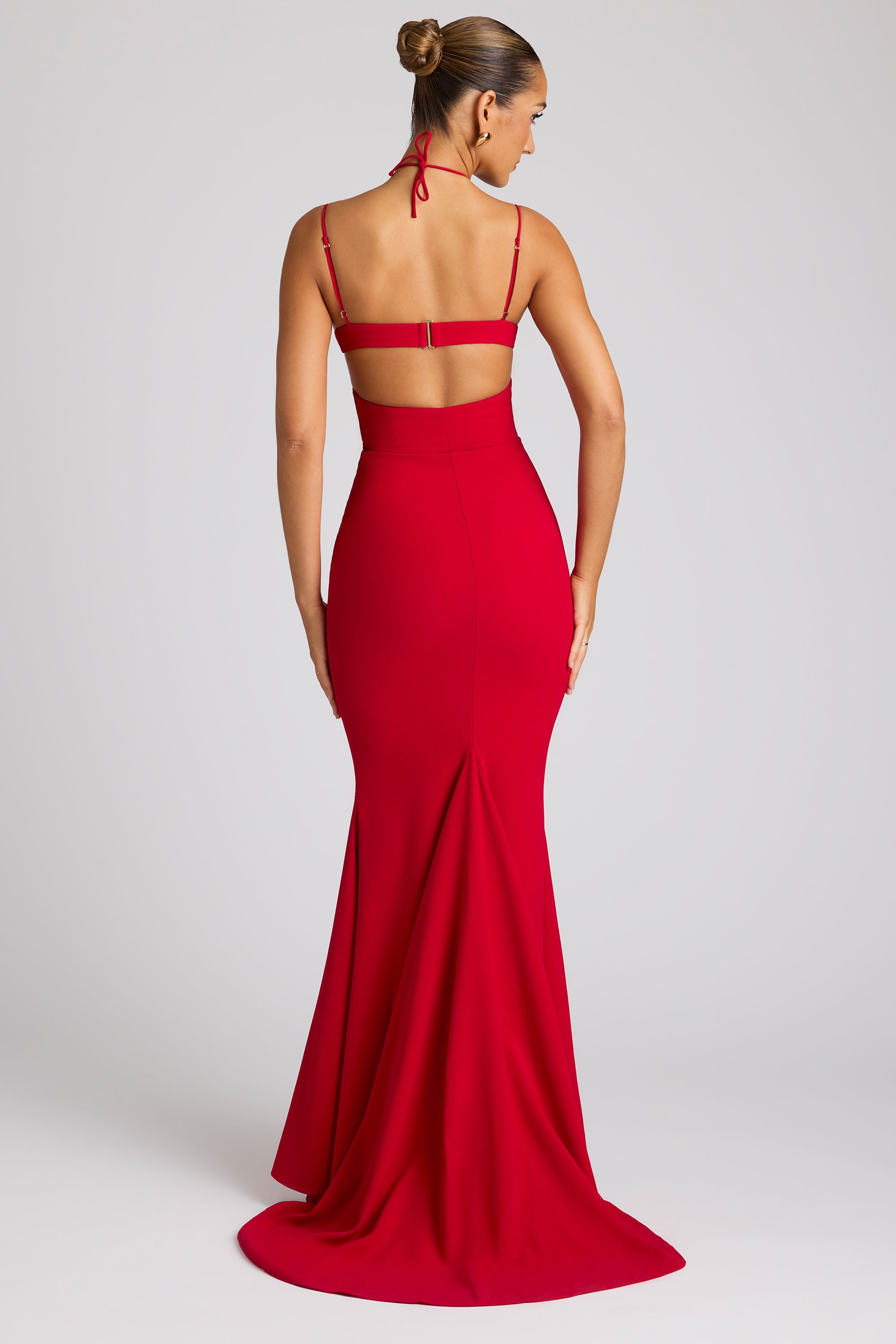 Embellished Heart Cup Detail Evening Gown in Fire Red