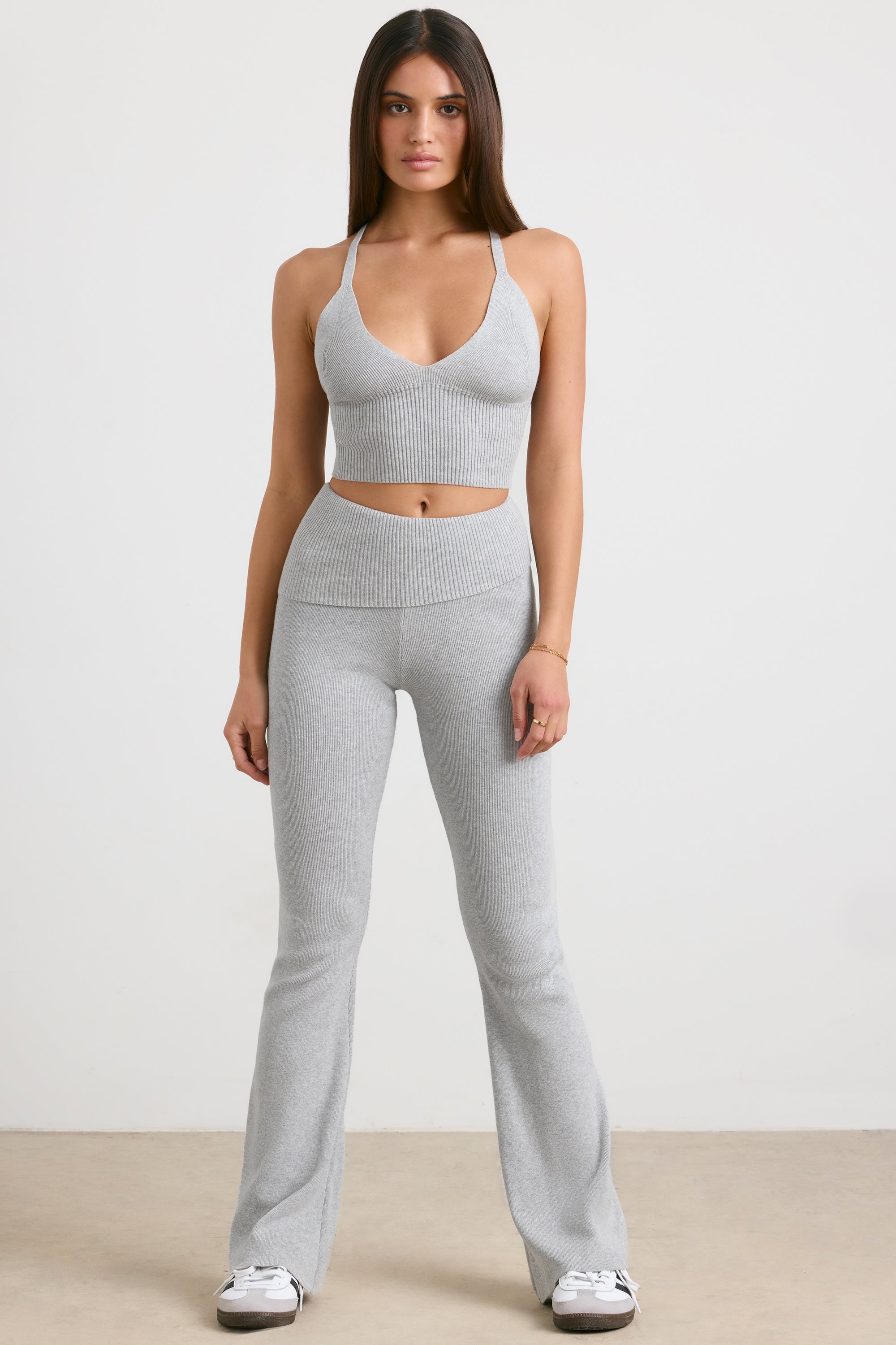 Petite Chunky Knit Kick Flare Trousers in Heather Grey