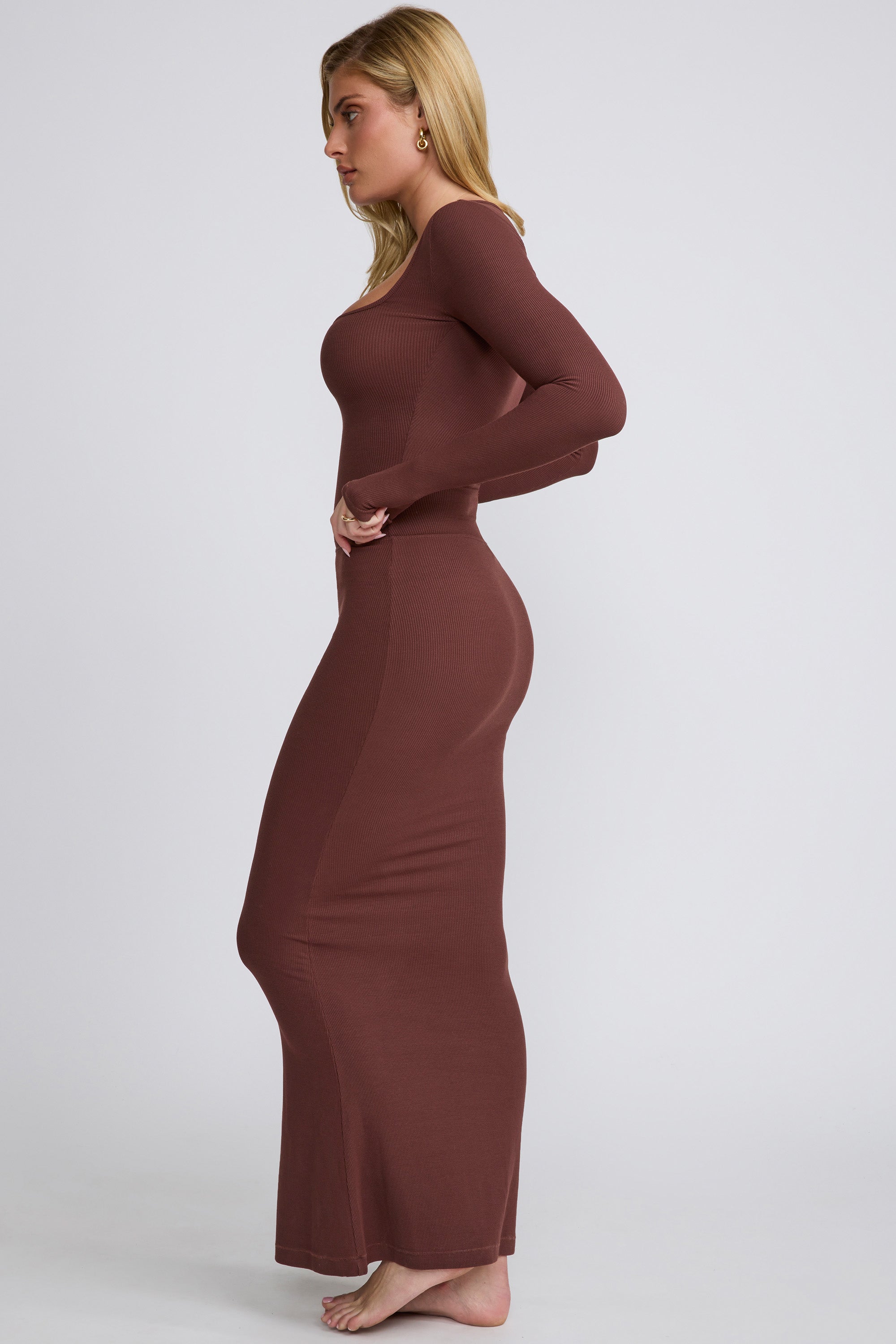 Ribbed Modal  Long Sleeve Top in Chocolate