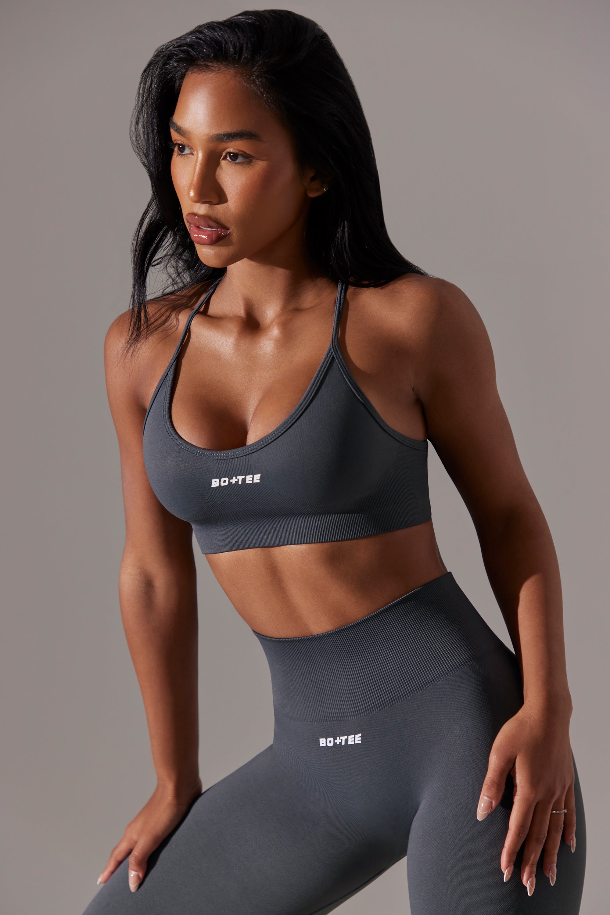 Scoop Neck Multi Strap Sports Bra in Grey