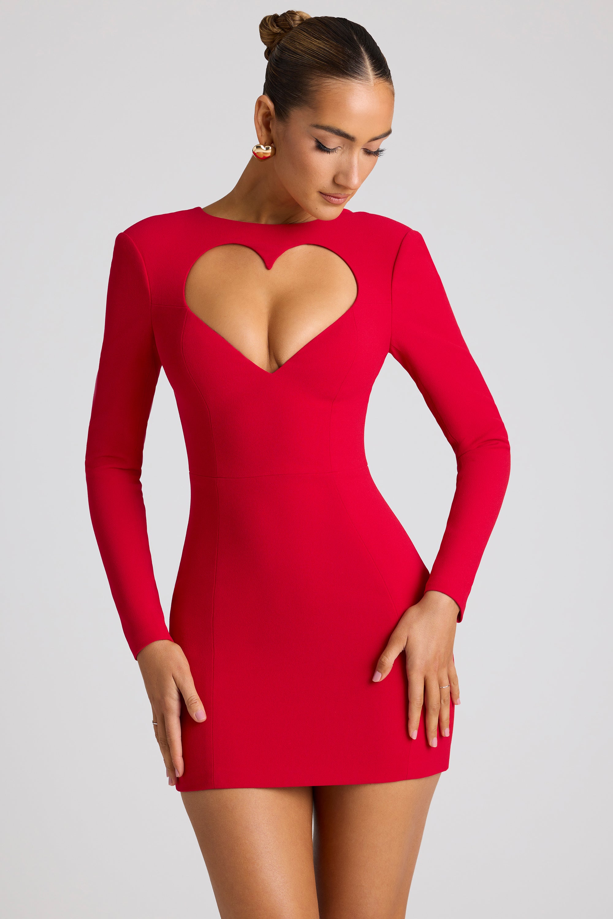 Heart Cut Out Long Sleeve Mini Dress in Fire Red