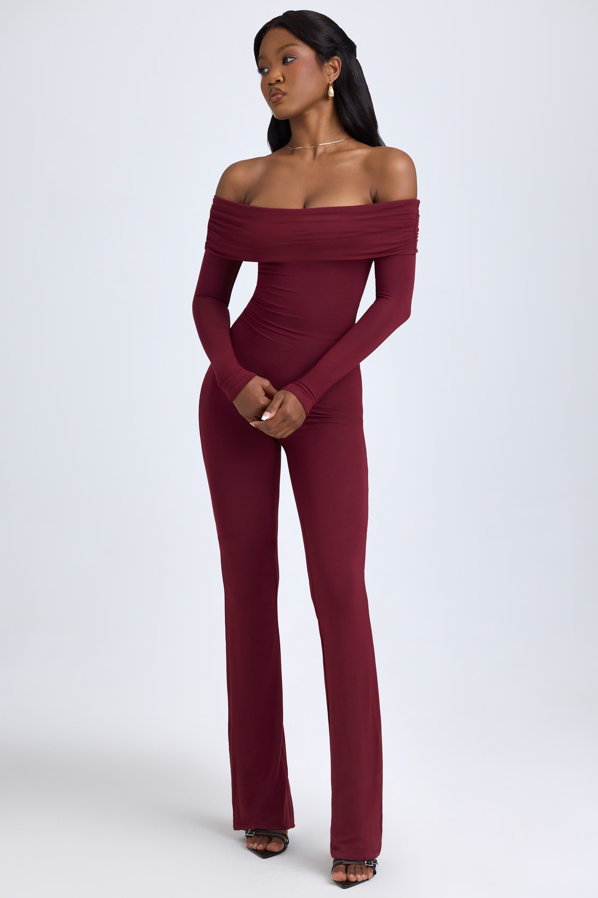 Tall Modal Off-Shoulder Ruched Jumpsuit in Wine Red