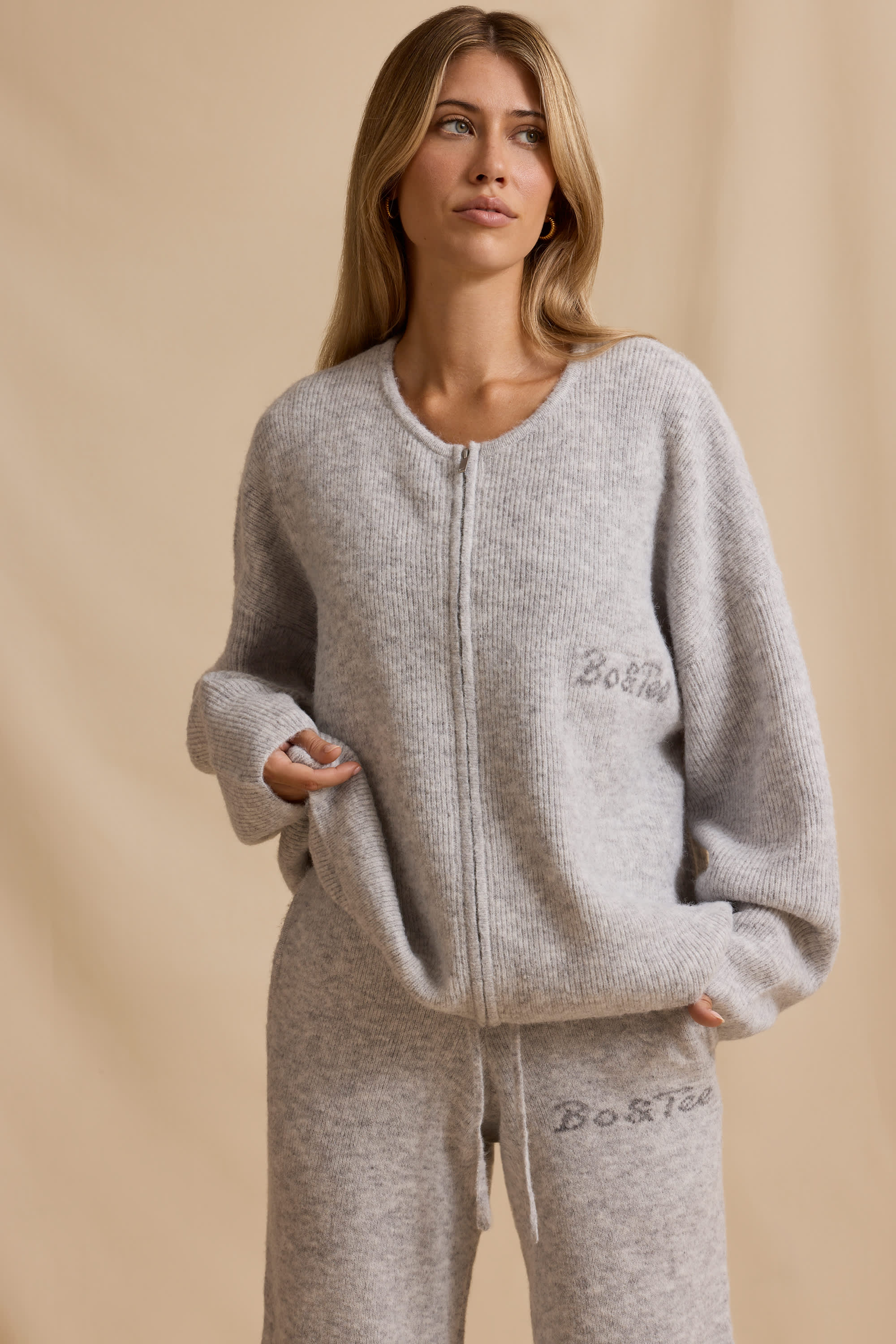 Oversized Zip-Up Cardigan in Ice Marl