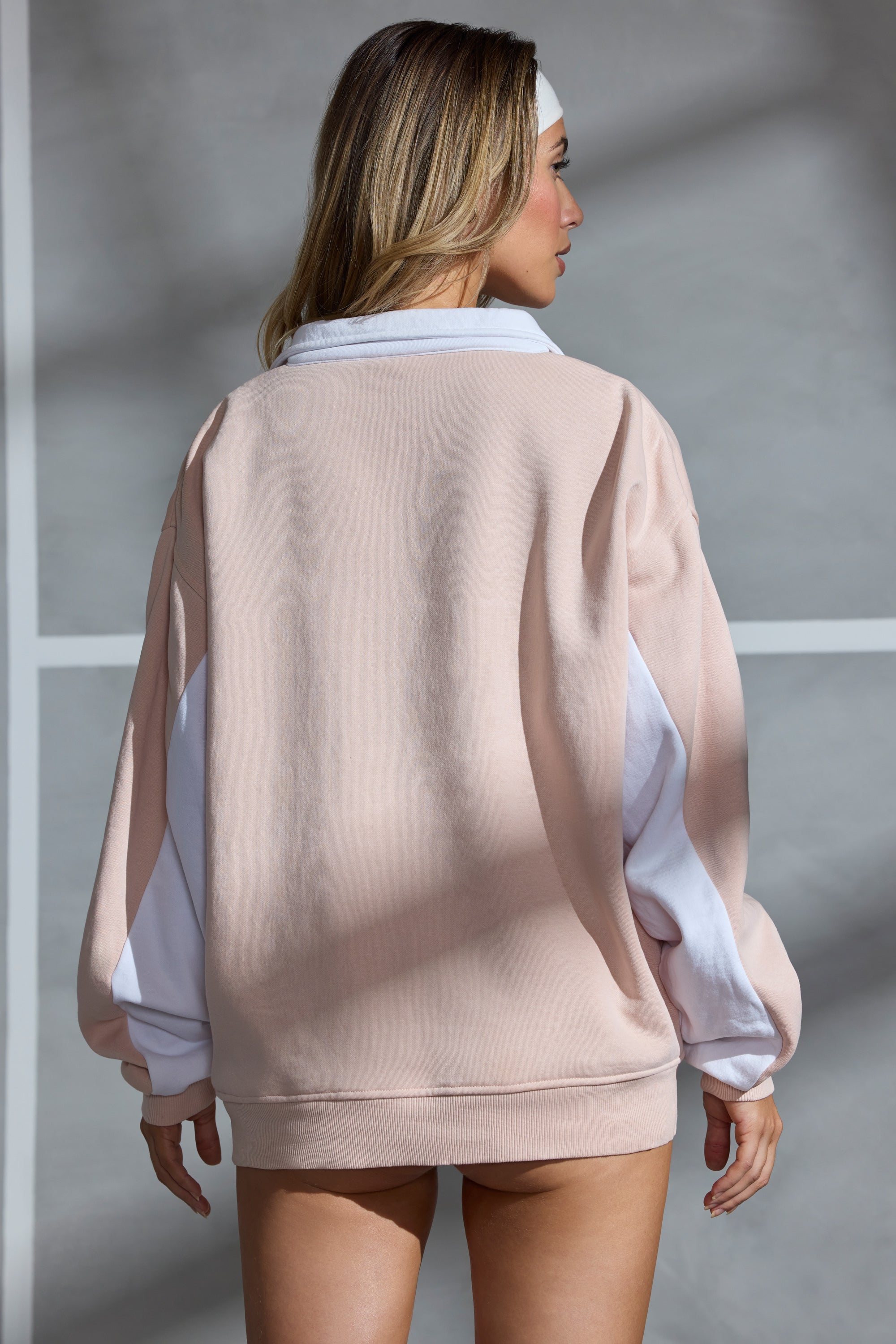 Oversized Half Zip Panel Sweatshirt in Soft Peach