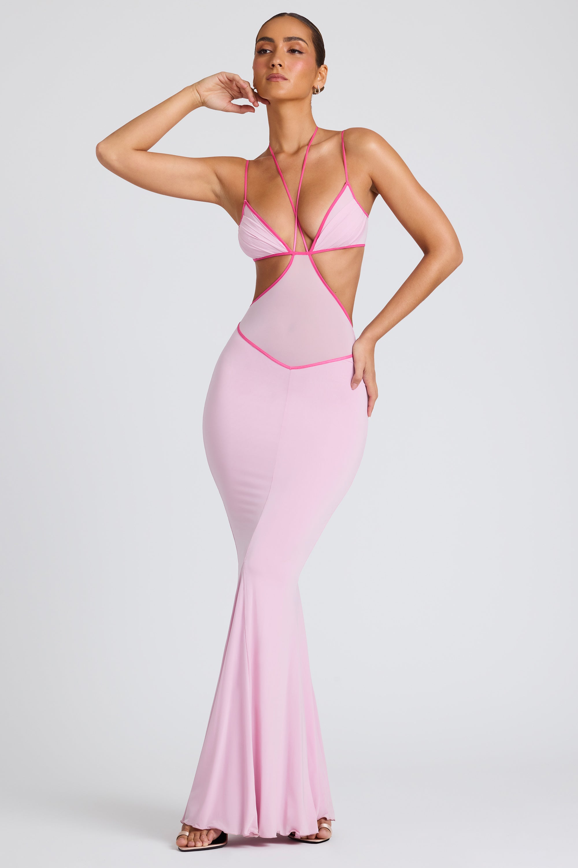 Contrast Binding Cut Out Evening Gown in Soft Pink