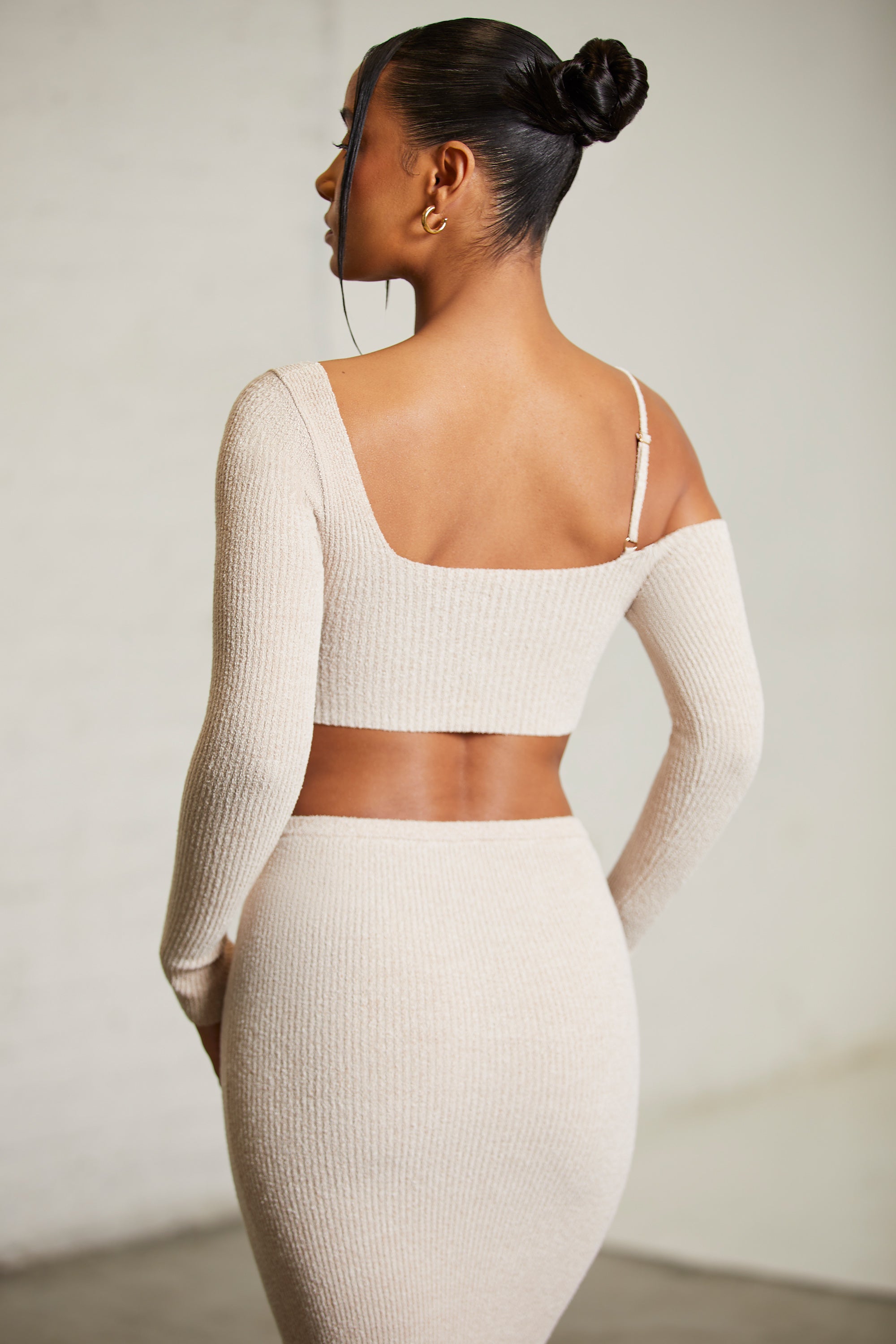 Asymmetric Long Sleeve Crop Top in Beige