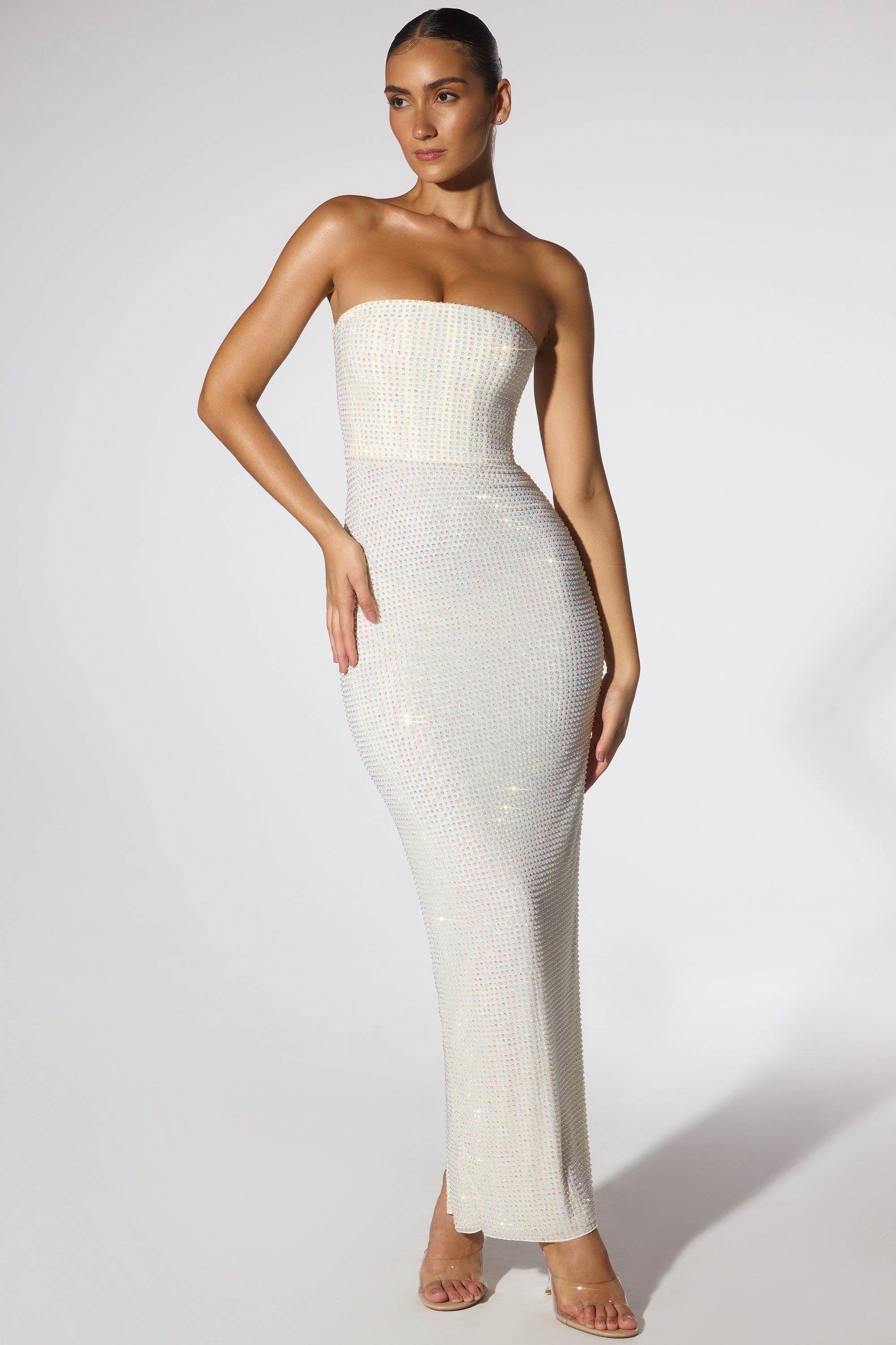 Embellished Strapless Evening Gown in Ivory