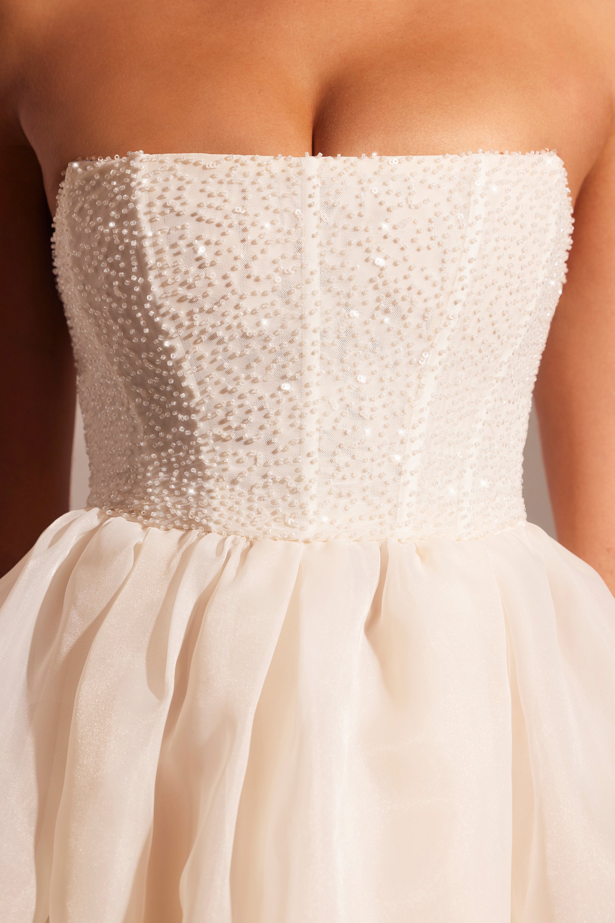 Embellished Corset Tulle Skirt Midi Dress in Ivory