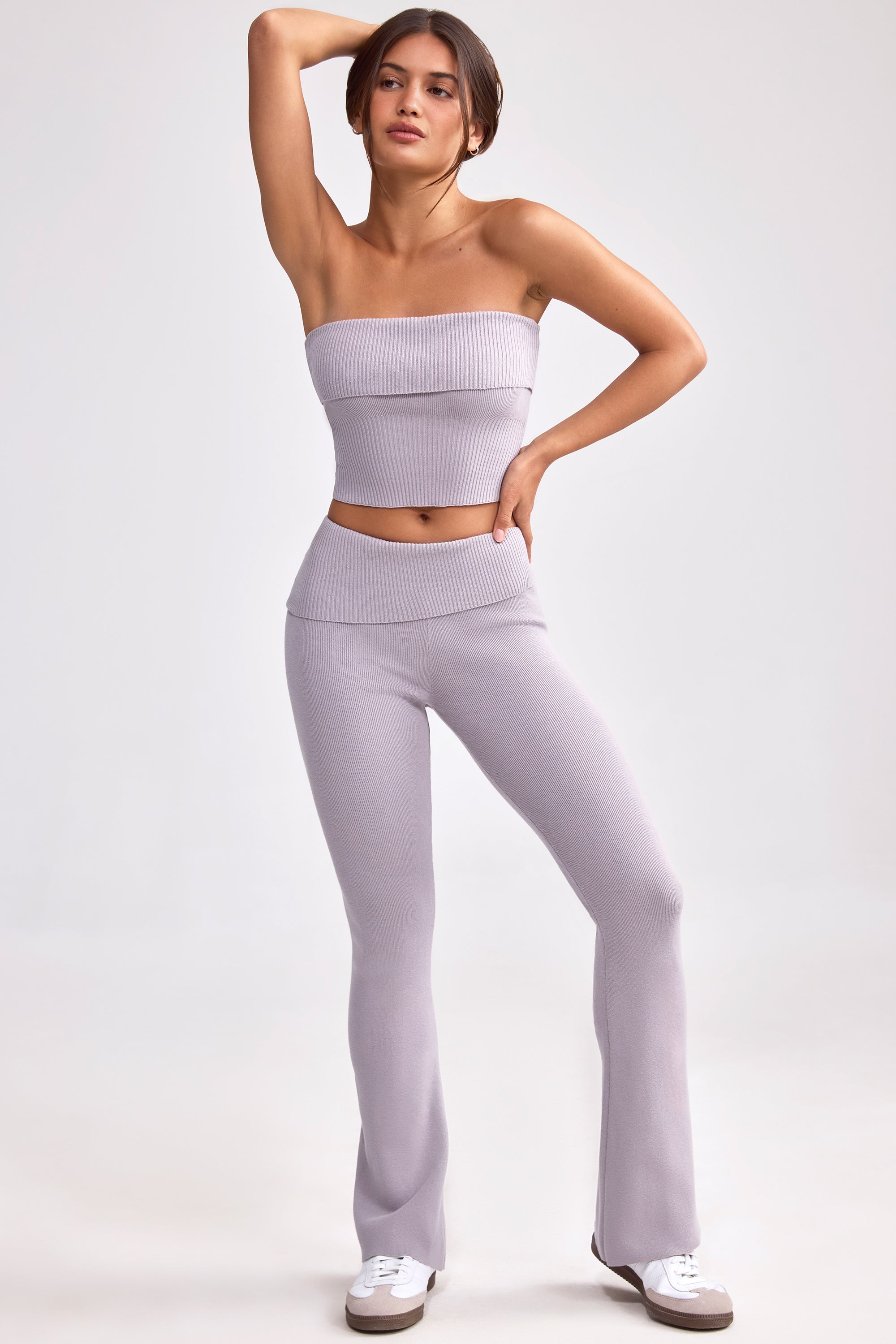 Petite Fold Over Kick Flare Chunky Knit Trousers in Dusty Lavender