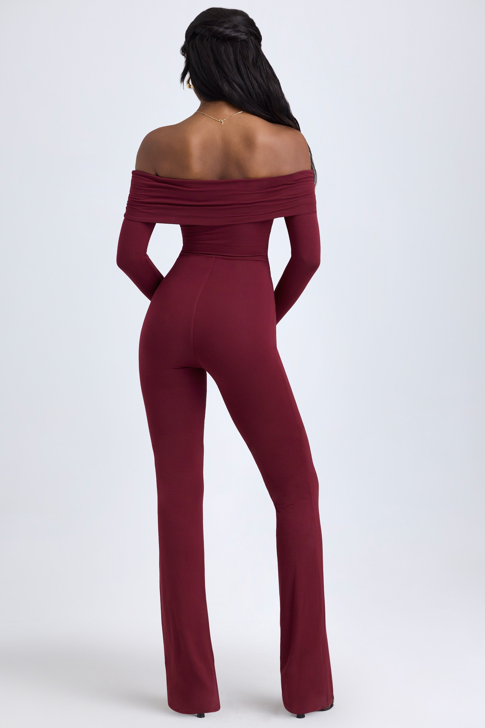 Tall Modal Off-Shoulder Ruched Jumpsuit in Wine Red