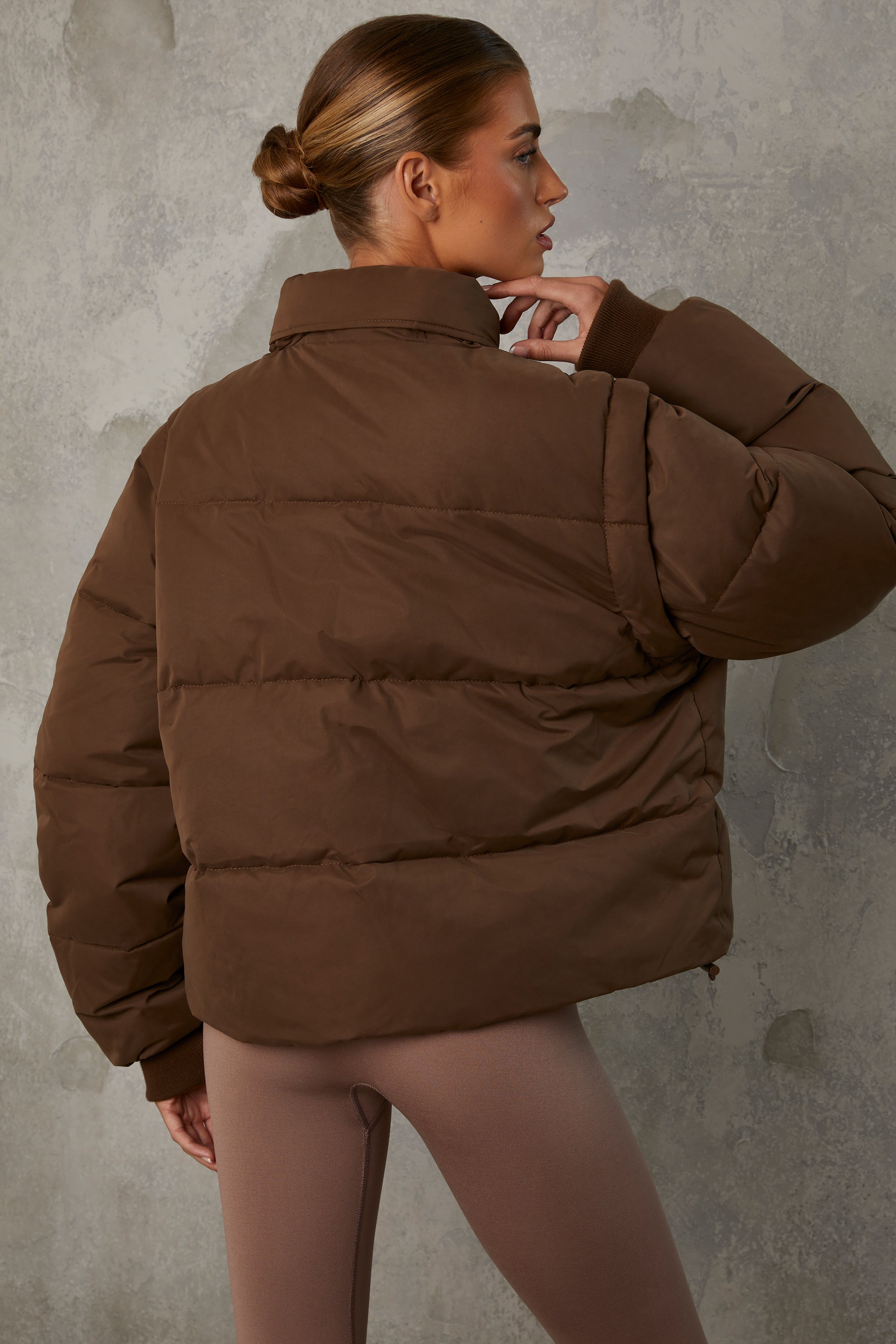 Cropped Puffer Jacket with Detachable Sleeves in Cocoa Brown