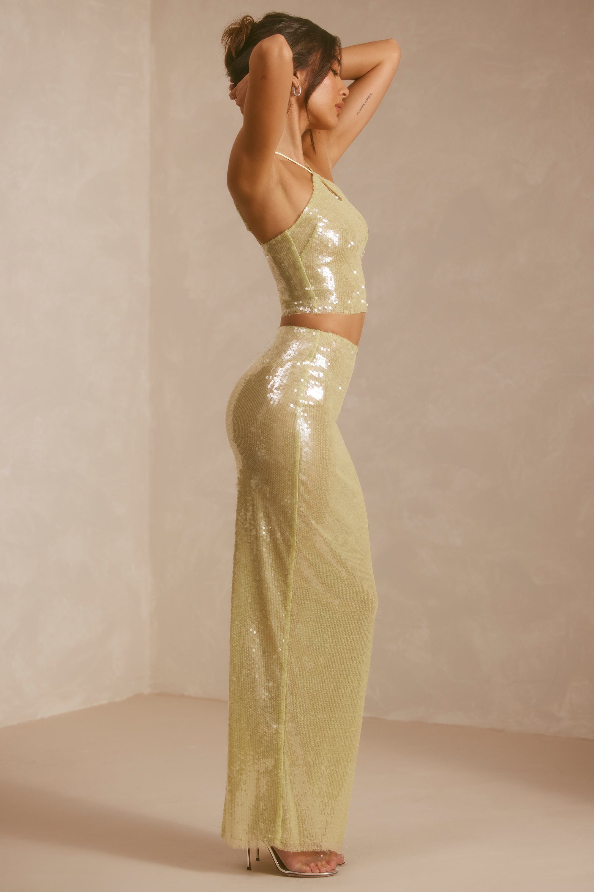 Sheer Sequin Mid Rise Maxi Skirt in Pistachio