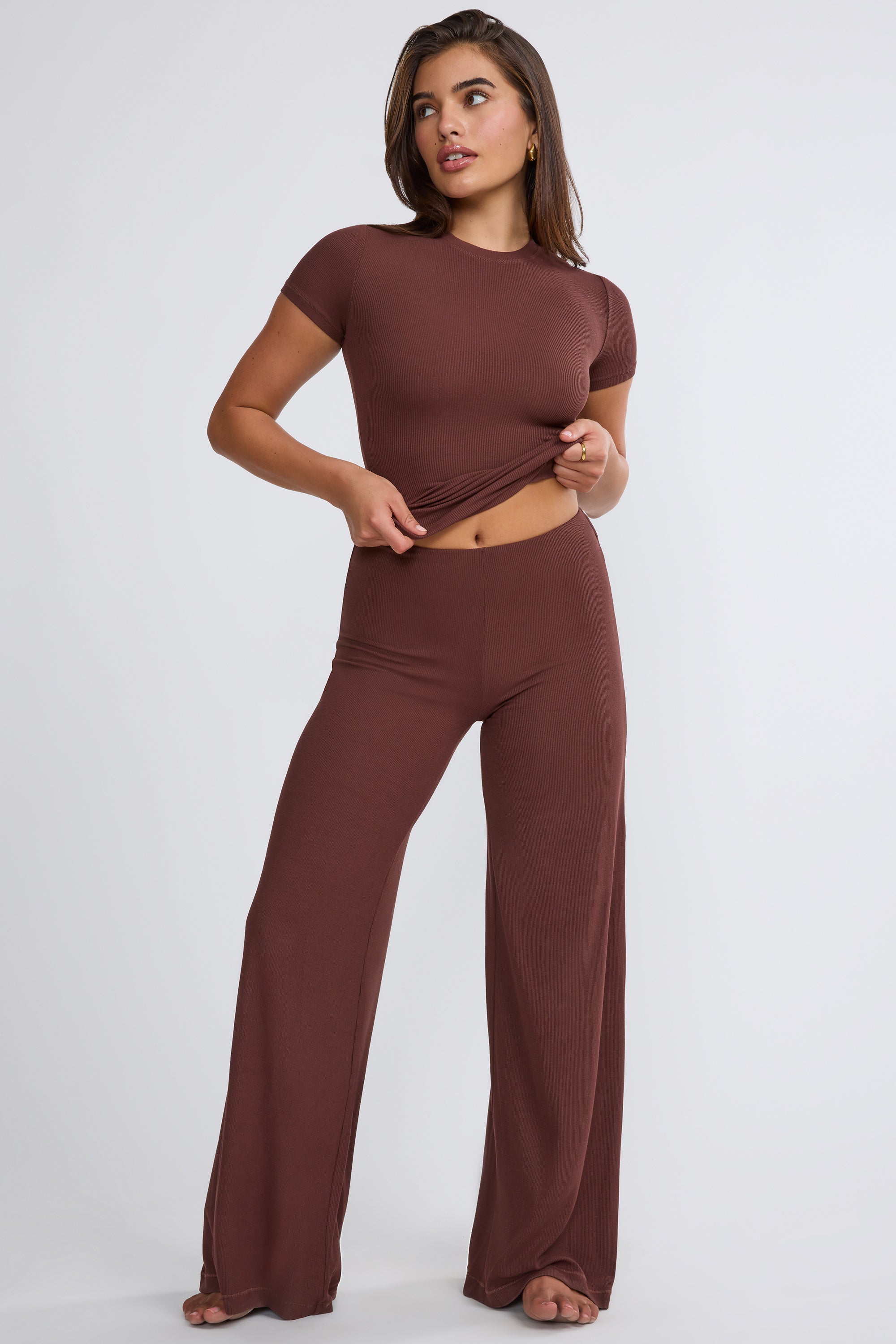 Ribbed Modal High Neck Top in Chocolate