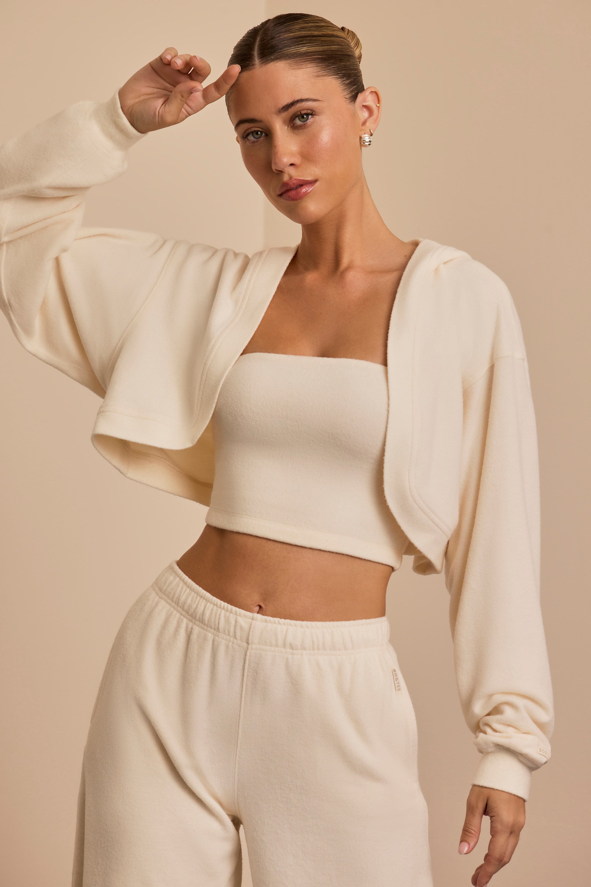 Brushed Jersey Hooded Cropped Shrug in Ecru