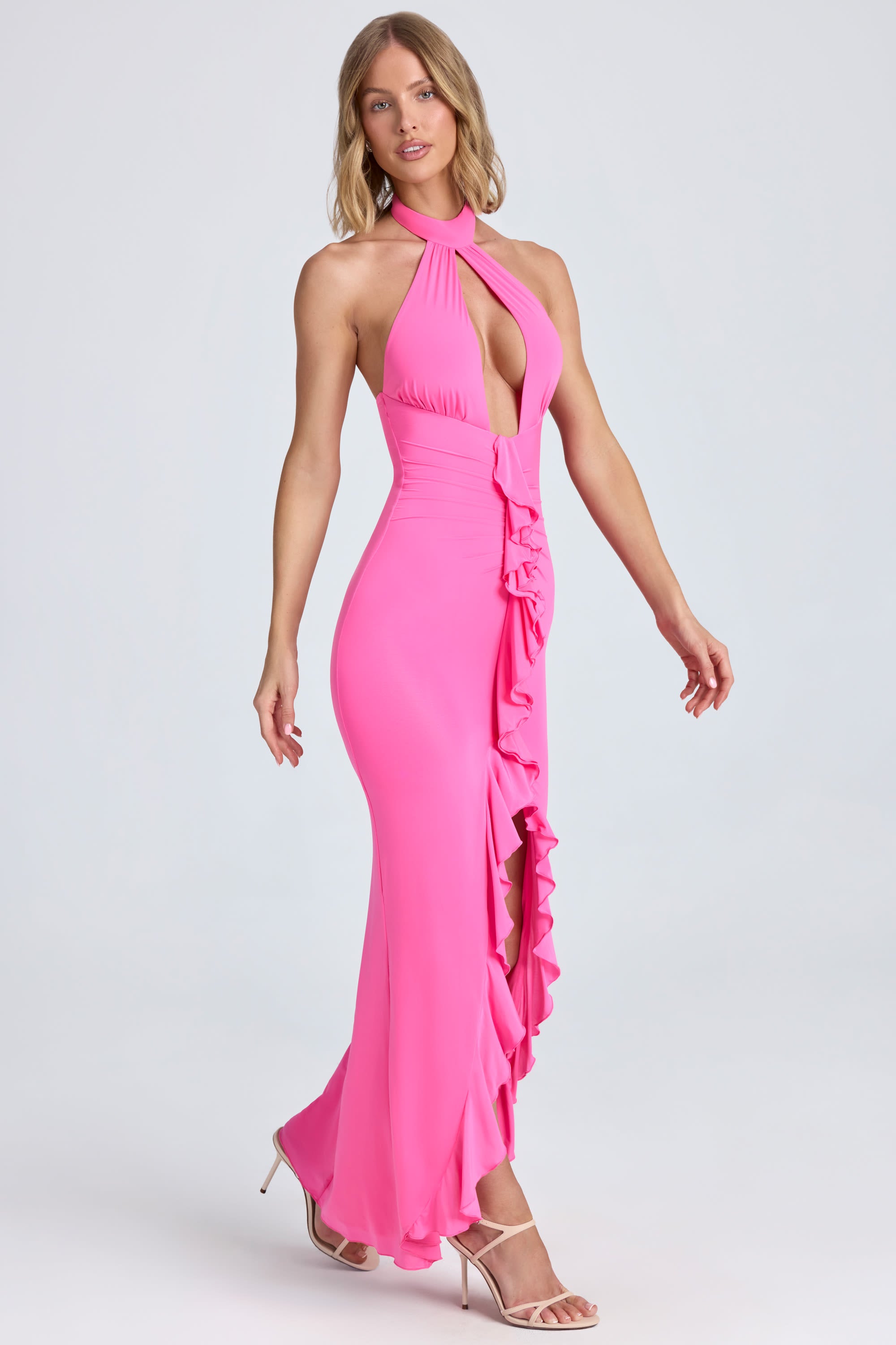 Halterneck Ruffle-Trim Gown in Lollipop Pink