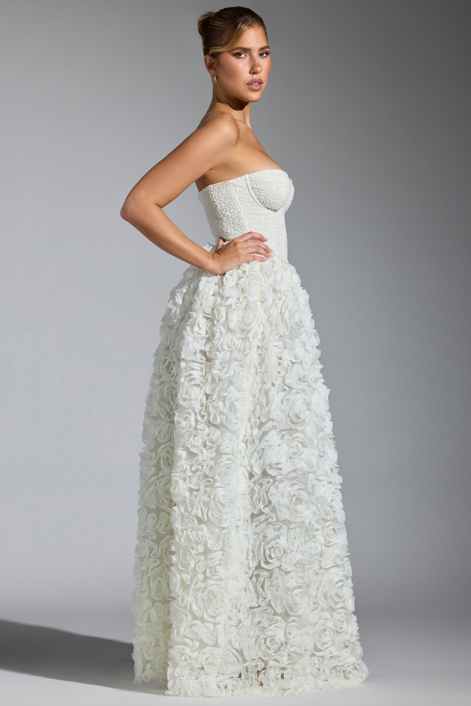 Embellished Floral-Appliqué Corset Gown in White