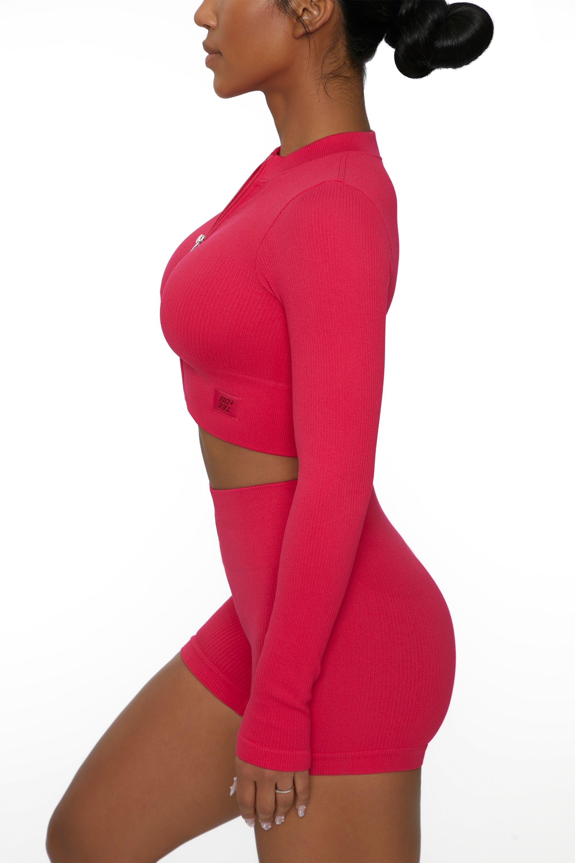 Long Sleeve Zip Crop Top in Hot Pink