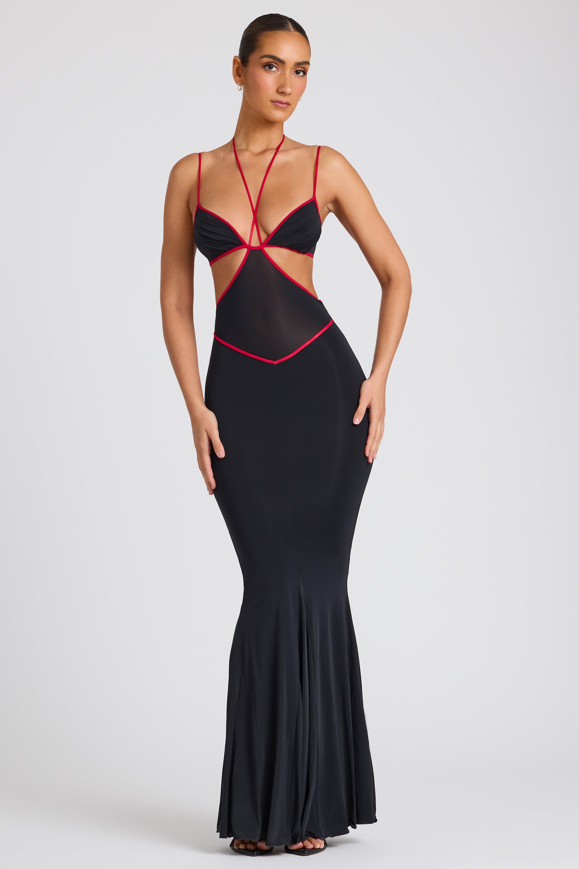 Contrast Binding Cut Out Evening Gown in Black