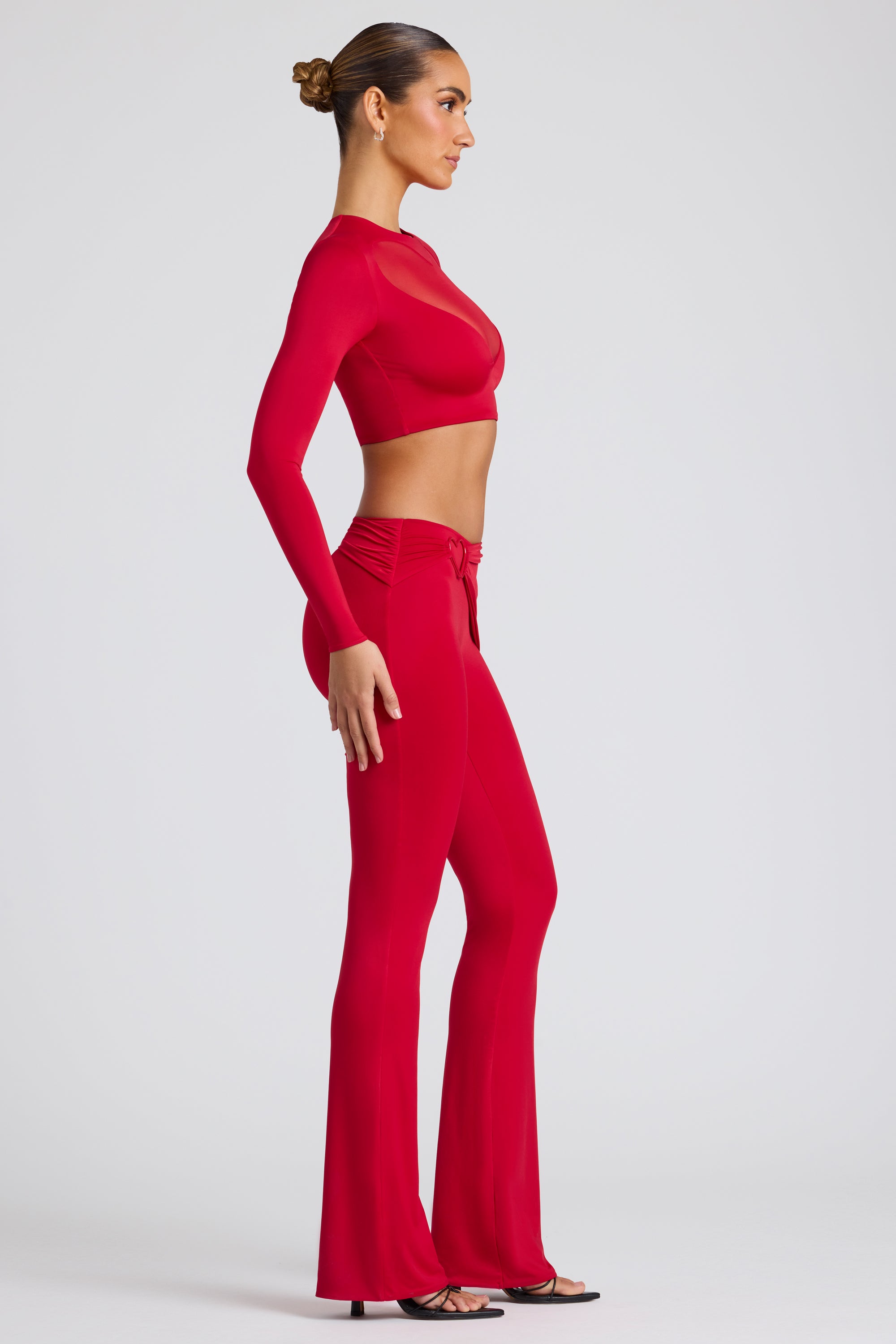 Petite Draped Detail Straight Leg Trousers in Fire Red