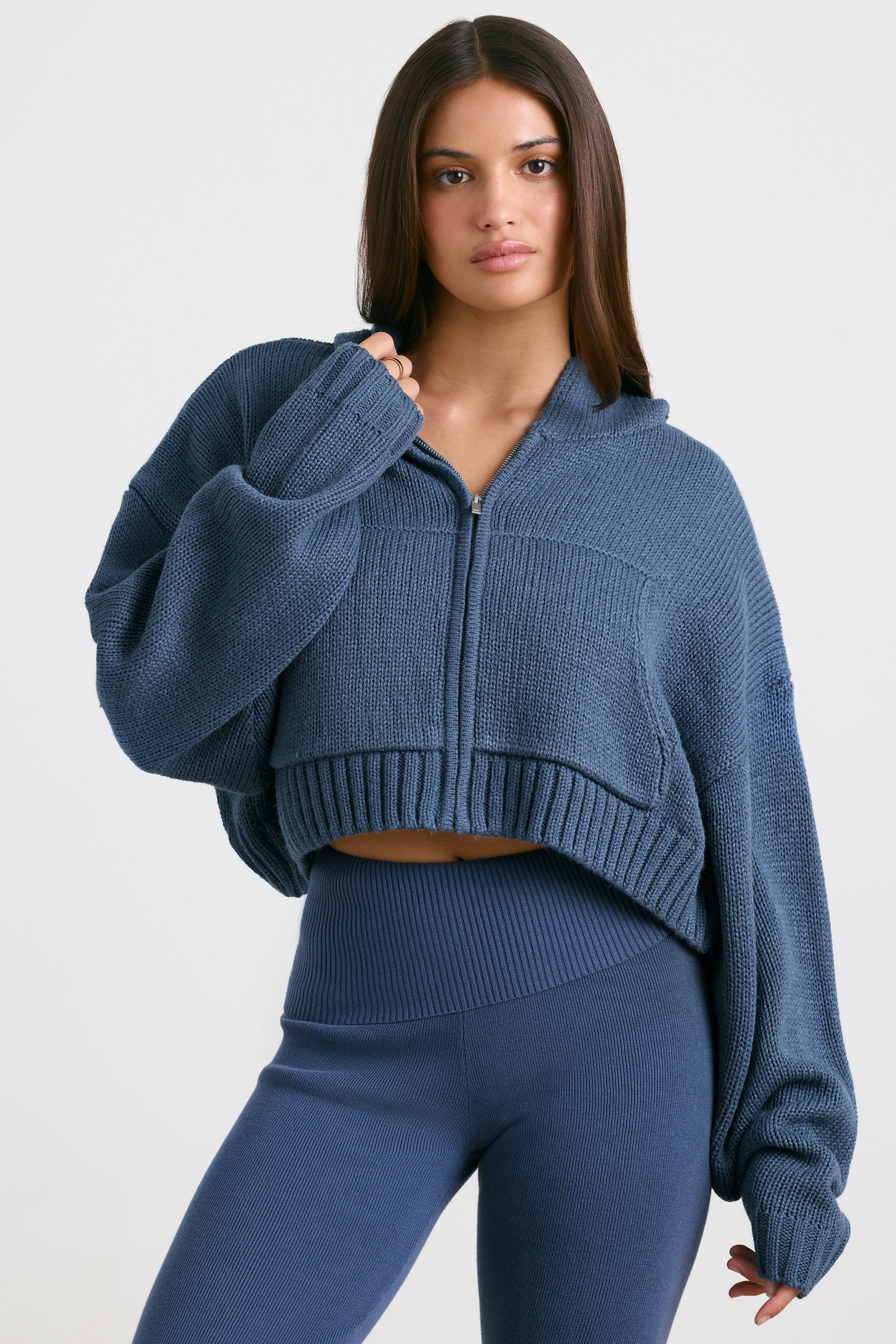 Cropped Zip Up Chunky Knit Hoodie in Washed Navy