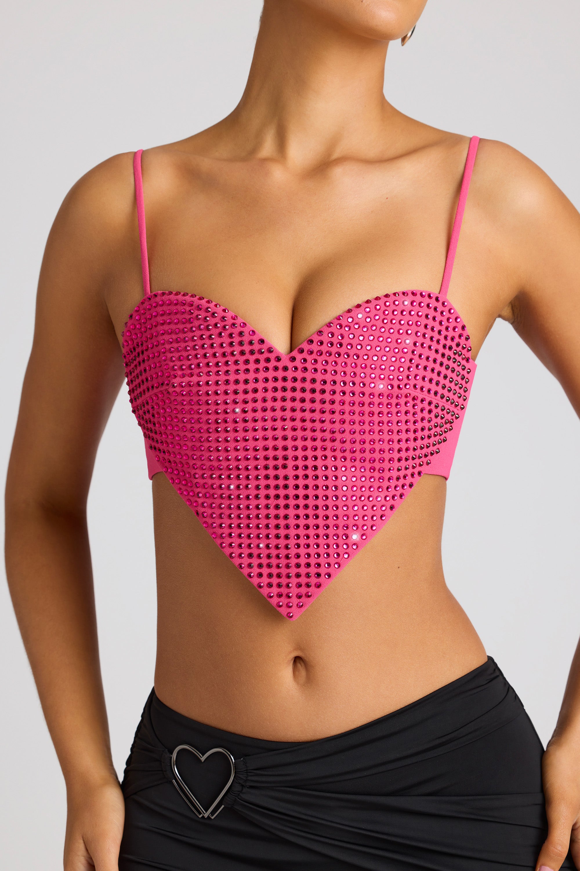 Embellished Heart Detail Crop Top in Magenta