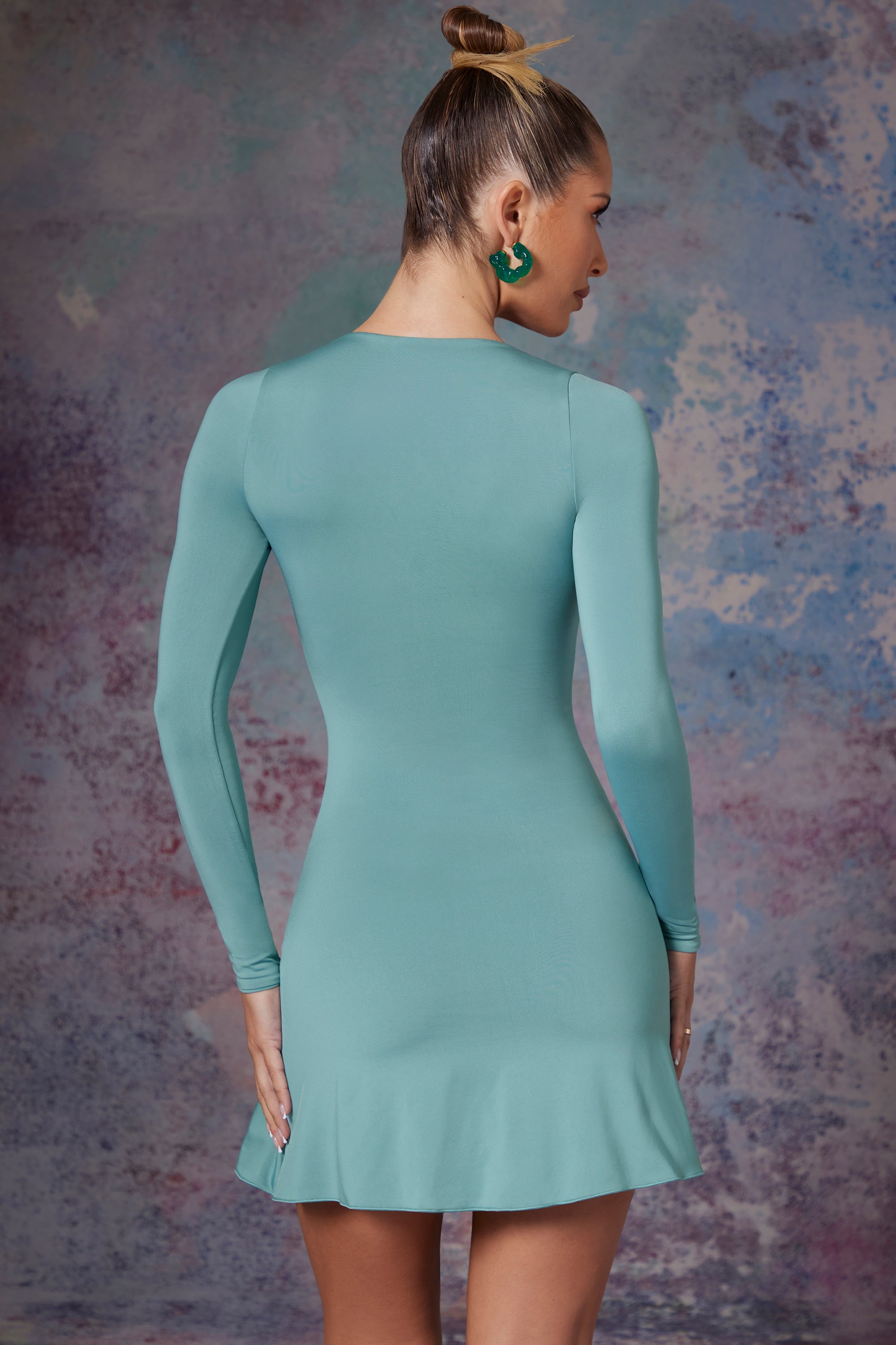 Long Sleeve Waterfall Skirt Mini Dress in Light Teal