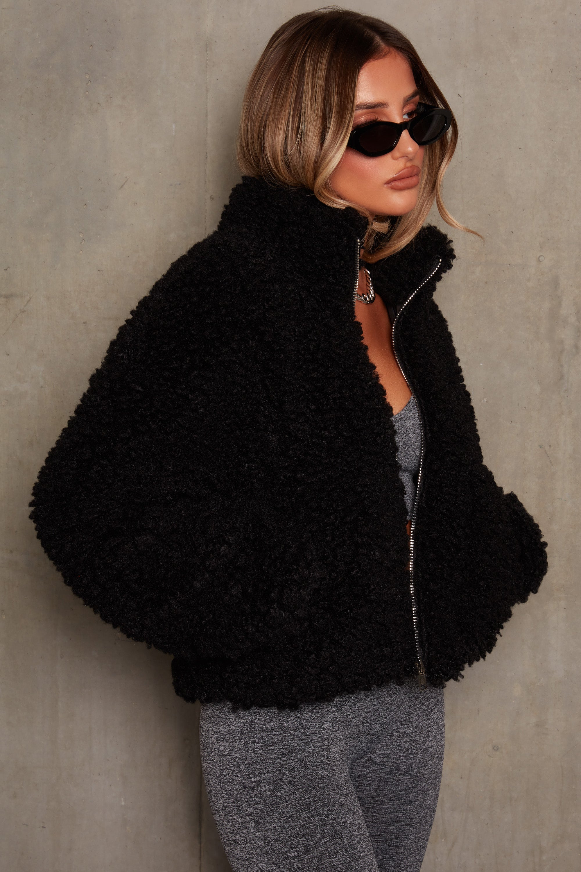 Oversized Boucle Teddy Coat in Black