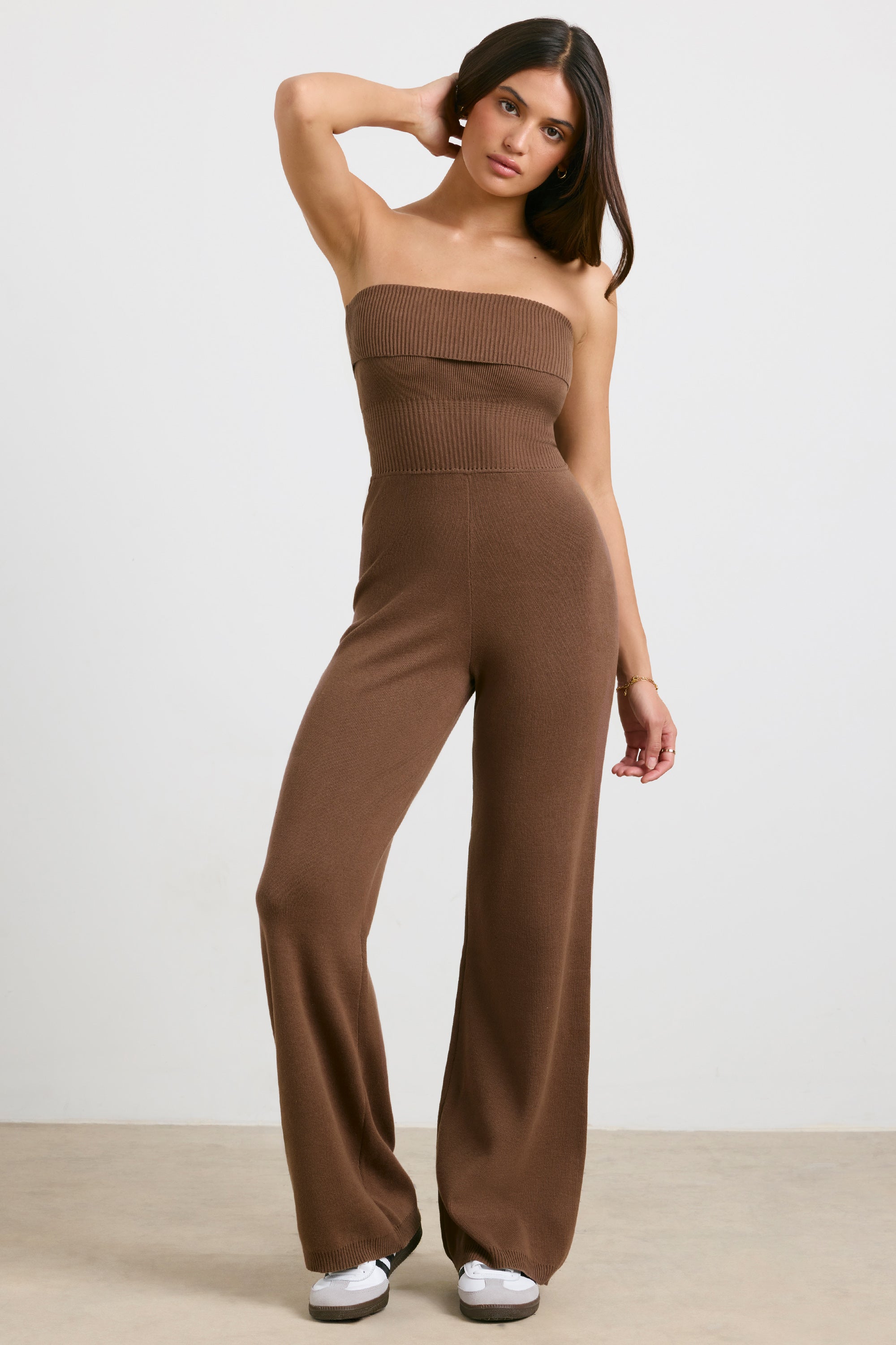 Chunky Knit Kick Flare Unitard in Espresso