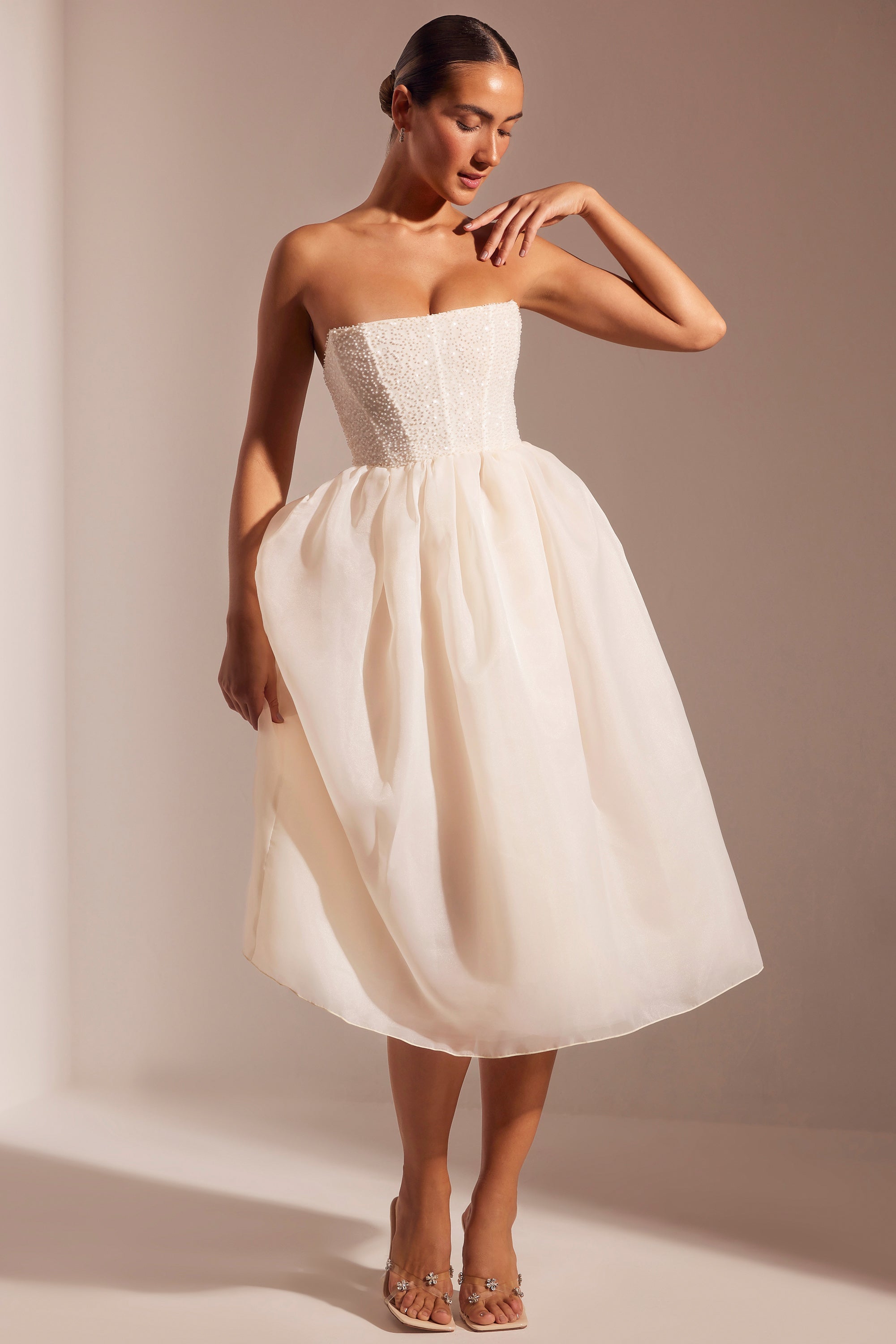 Embellished Corset Tulle Skirt Midi Dress in Ivory