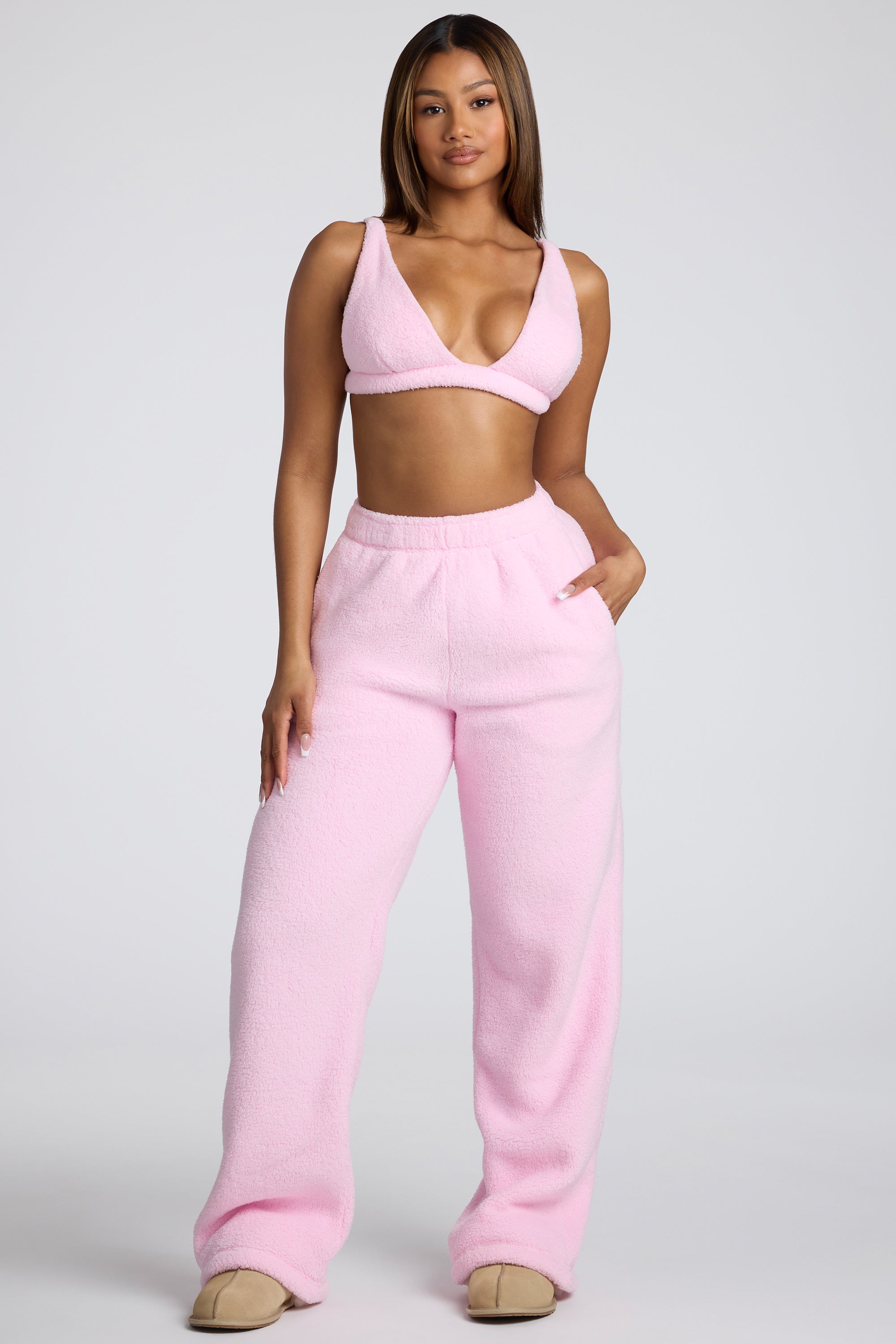 Petite Low Rise Straight Leg Fleece Joggers in Baby Pink