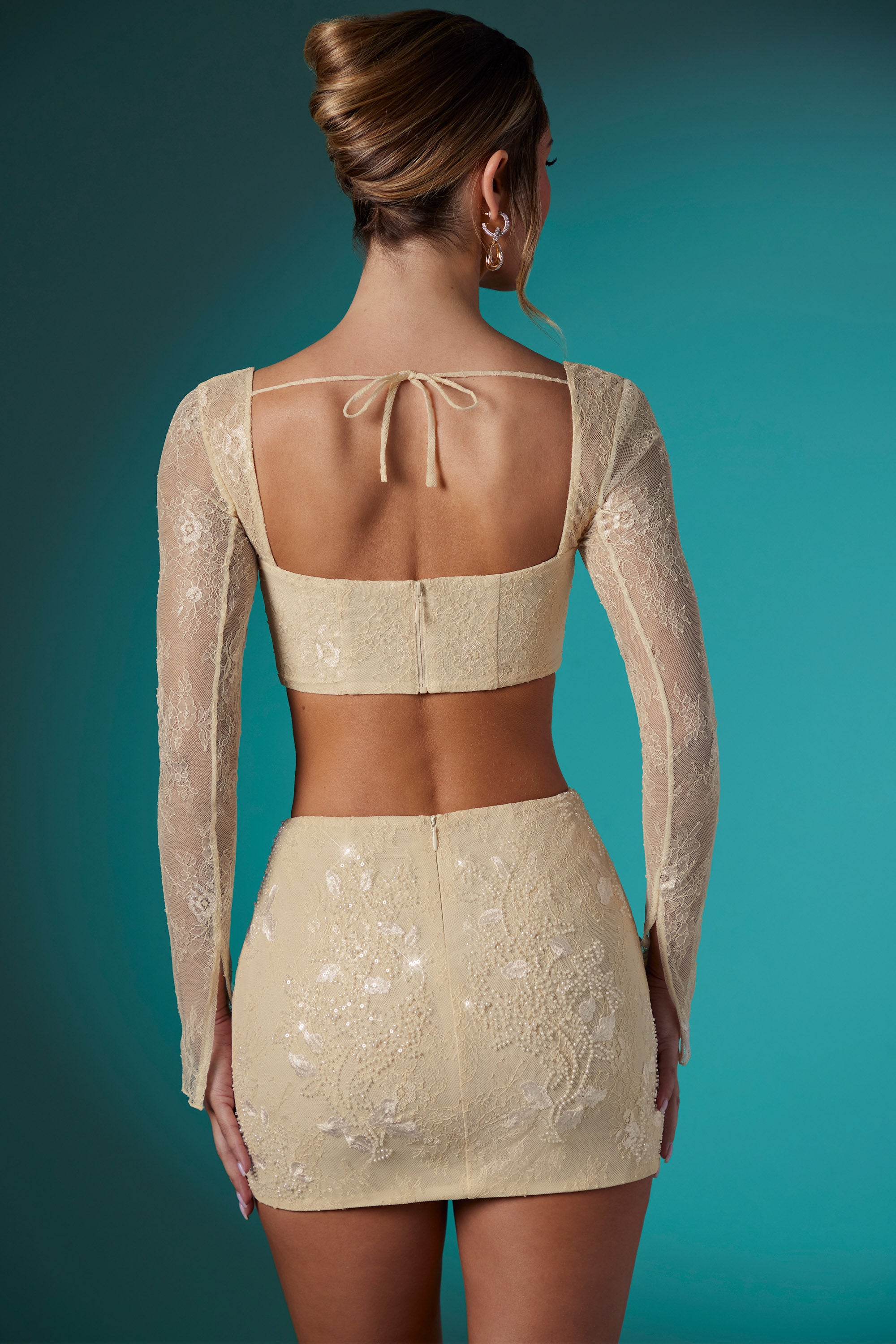 Embellished Lace Bodycon Mini Skirt in Ivory