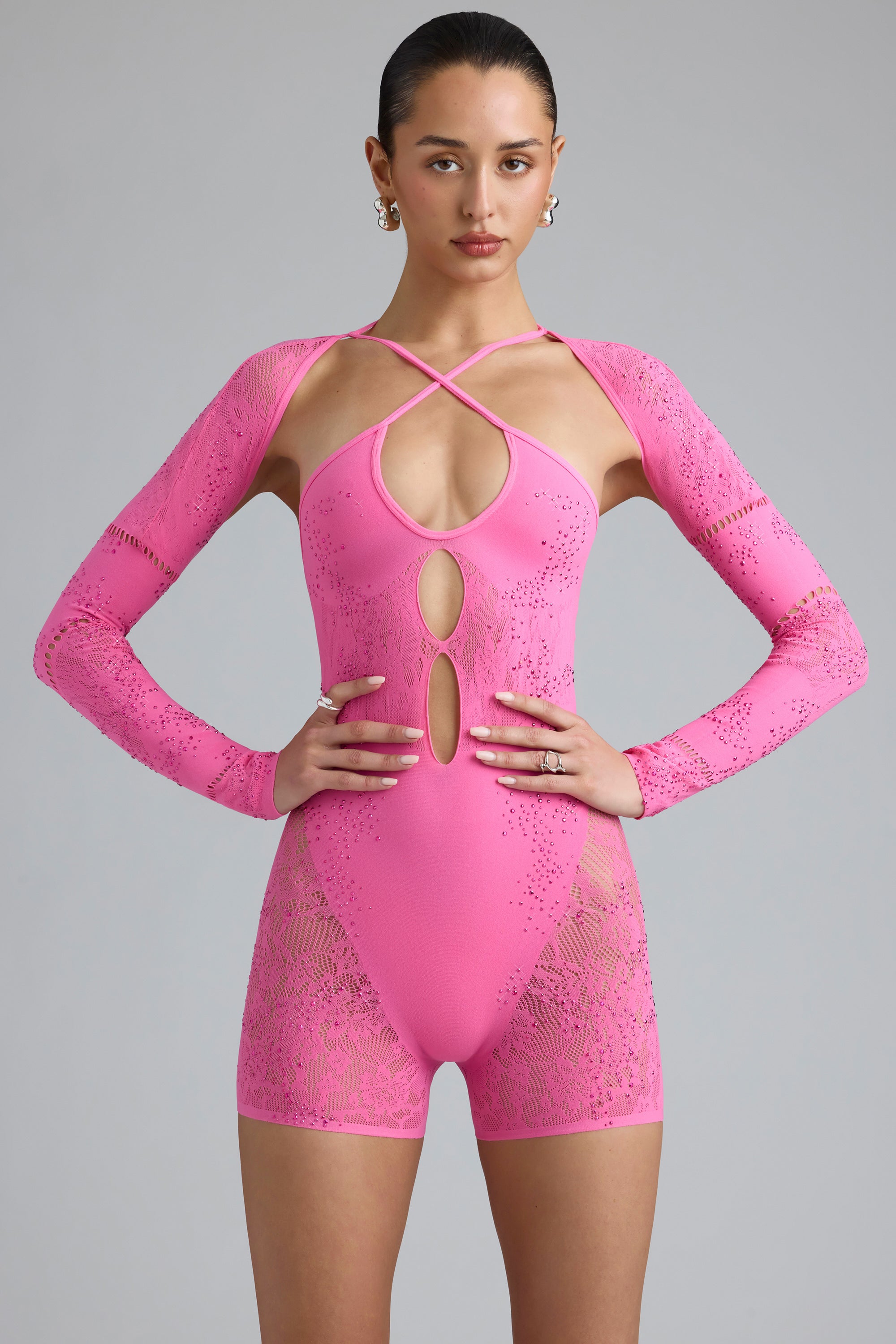 Embellished Cut-Out Unitard in Bubblegum Pink