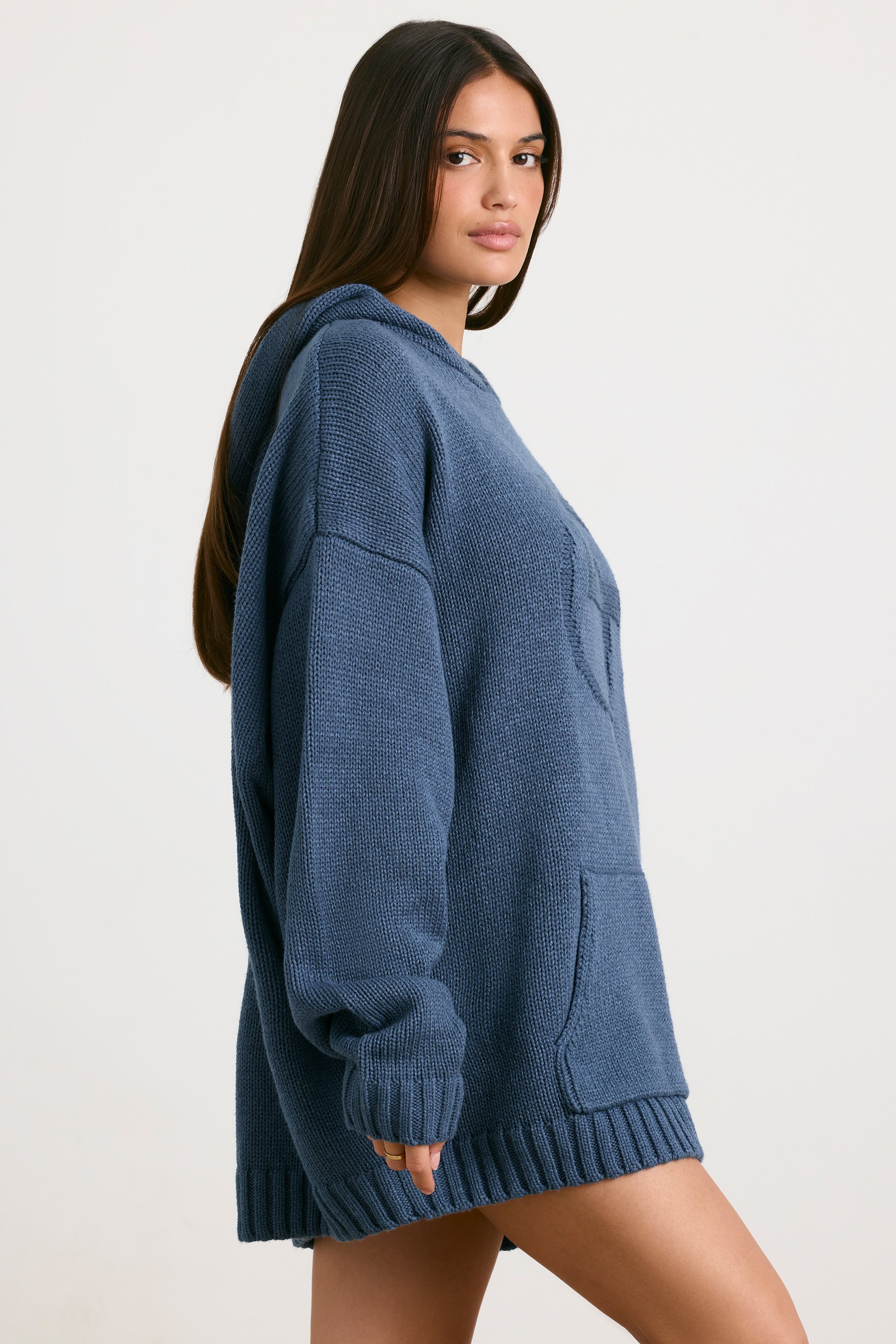 Oversized Chunky Knit Hoodie in Washed Navy