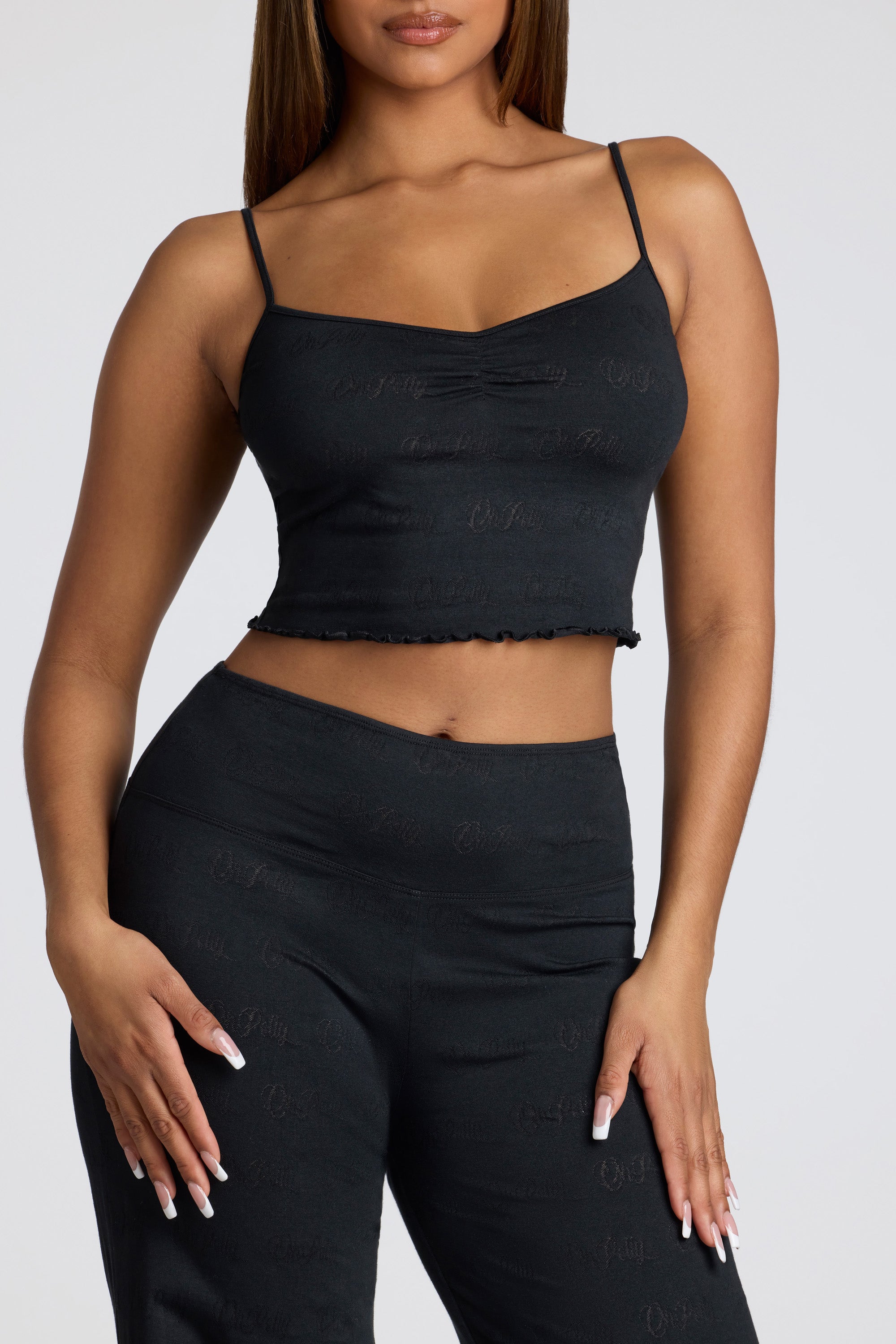 Strappy Ruched Pointelle Crop Top in Black