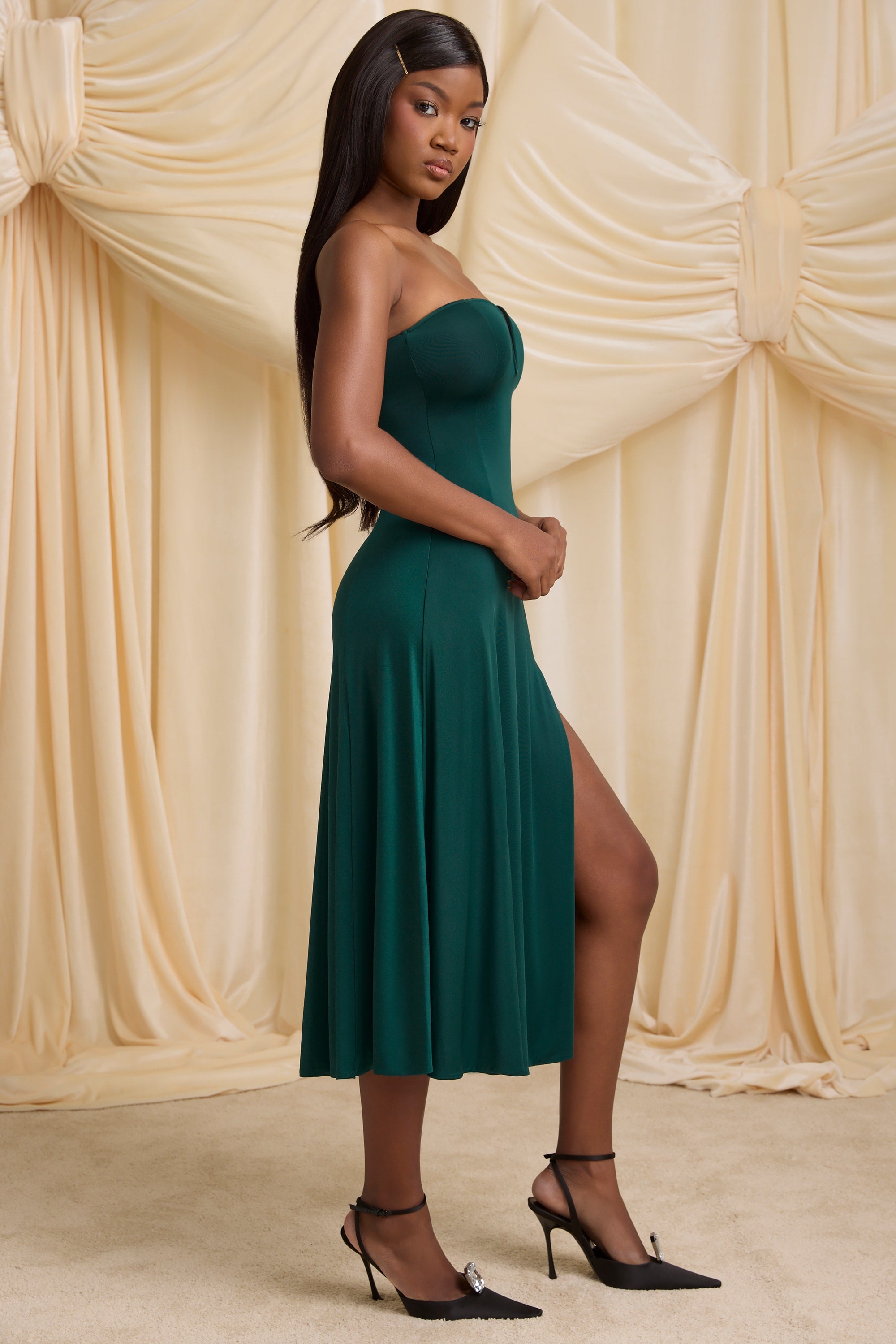 Slinky Jersey Strapless A-Line Midaxi Dress in Emerald Green