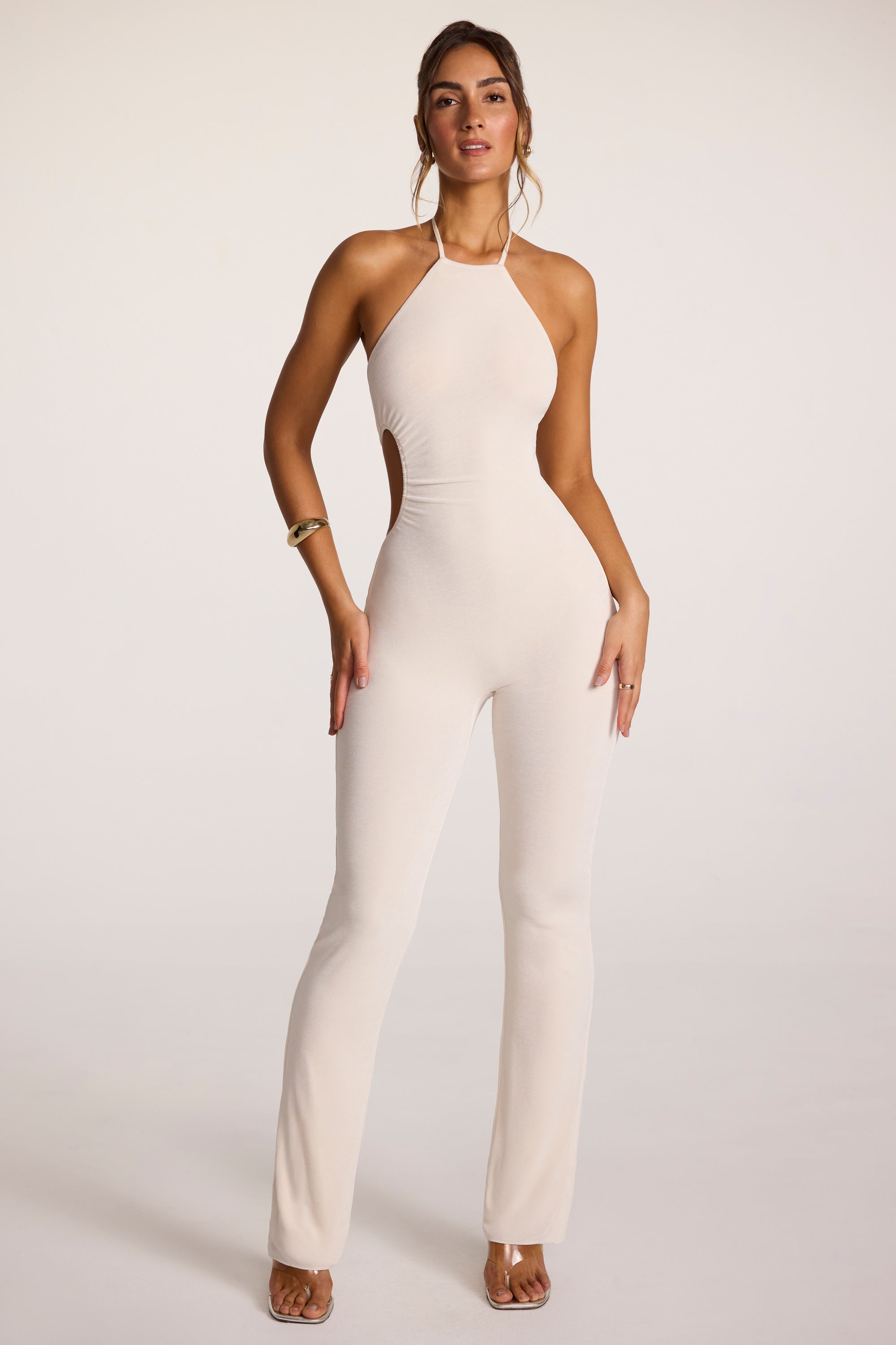 Tall Textured Jersey Halter Neck Ruched Cut Out Jumpsuit in Ivory