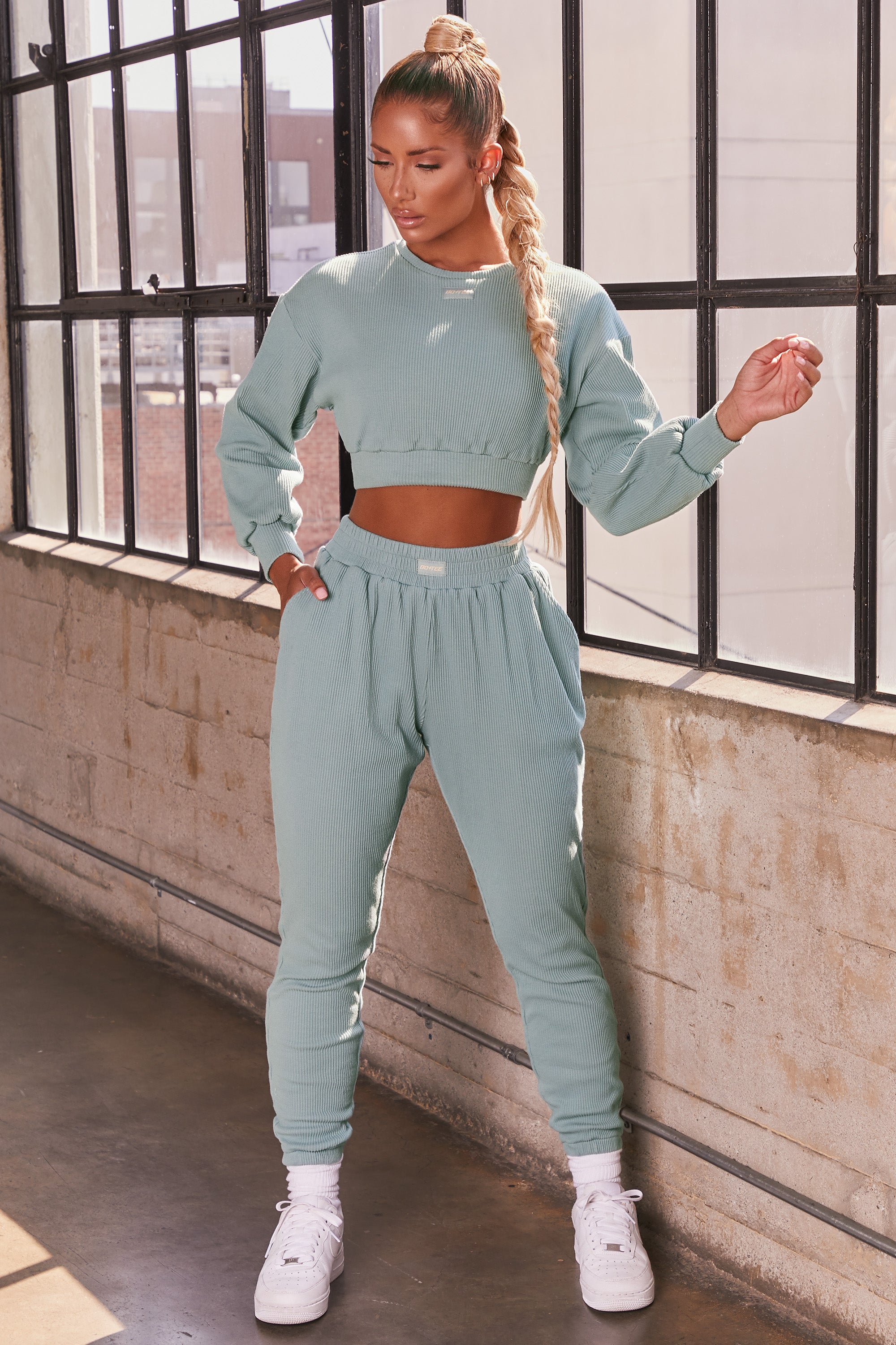 At Ease Ribbed Cropped Oversized Sweatshirt in Teal