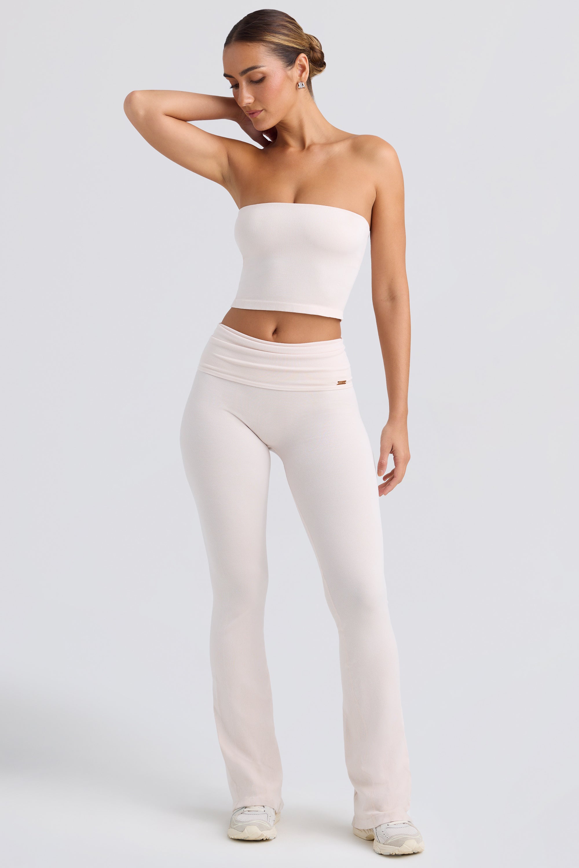 Foldover Flared Trousers in Washed Cream