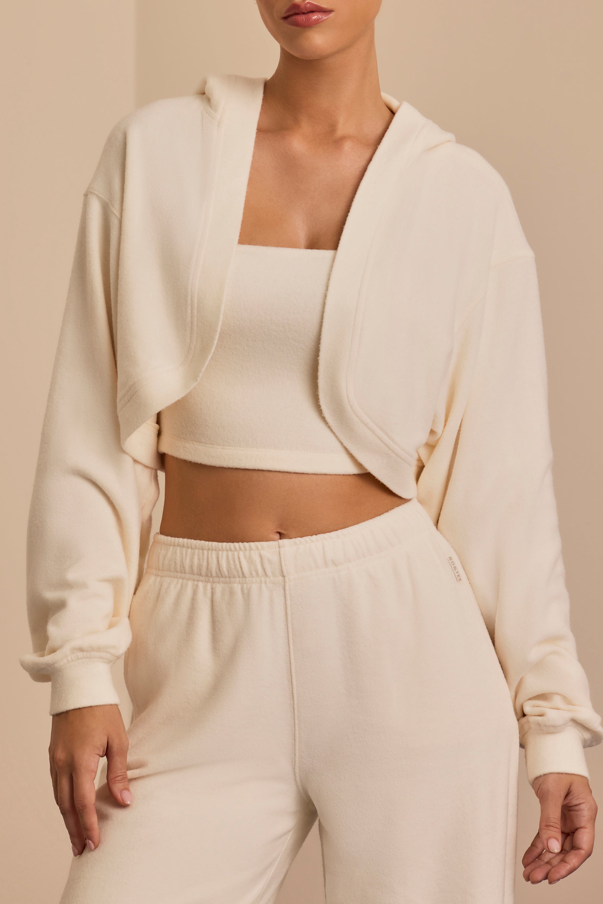 Brushed Jersey Hooded Cropped Shrug in Ecru