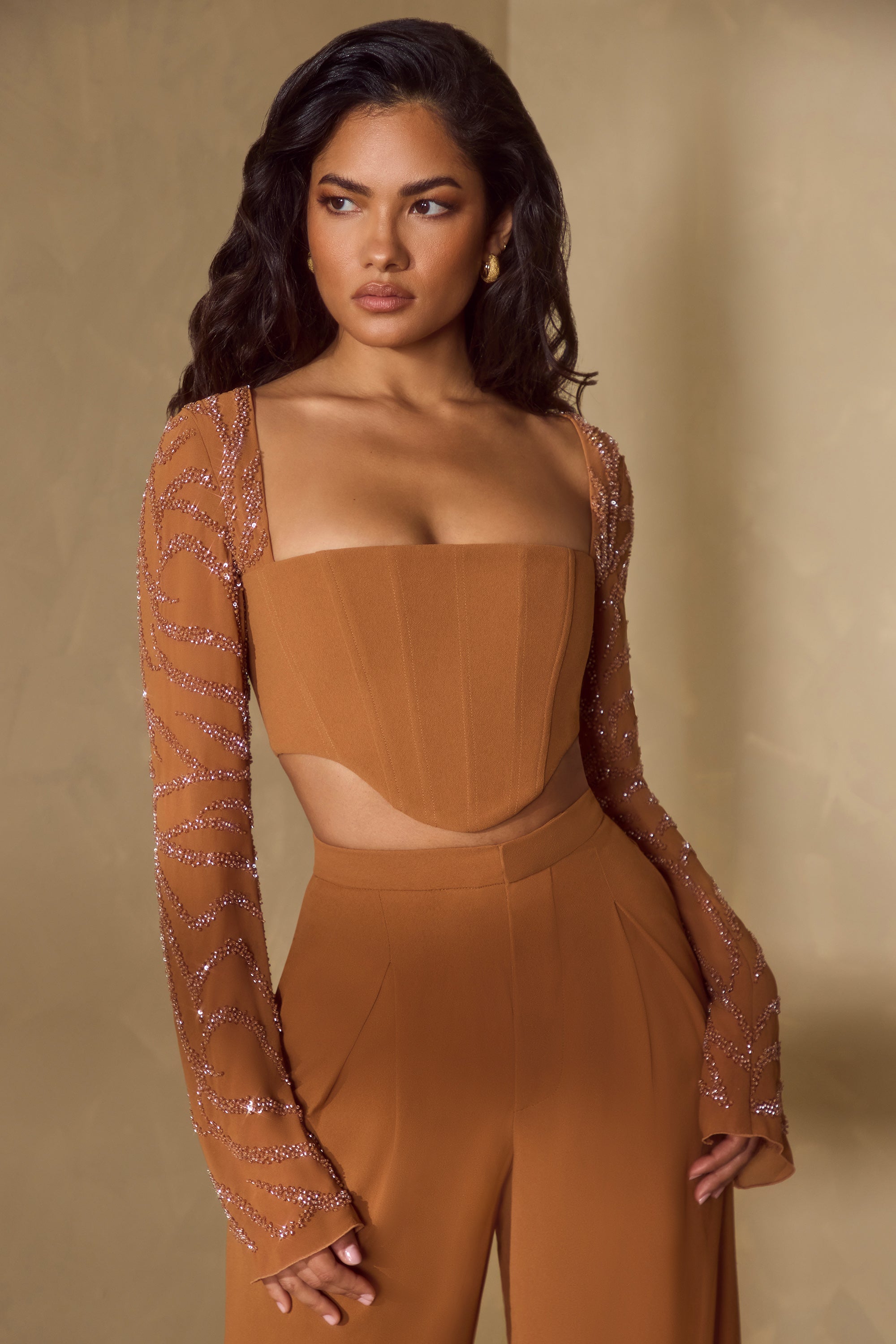 Embellished Sleeve Corset Crop Top in Caramel